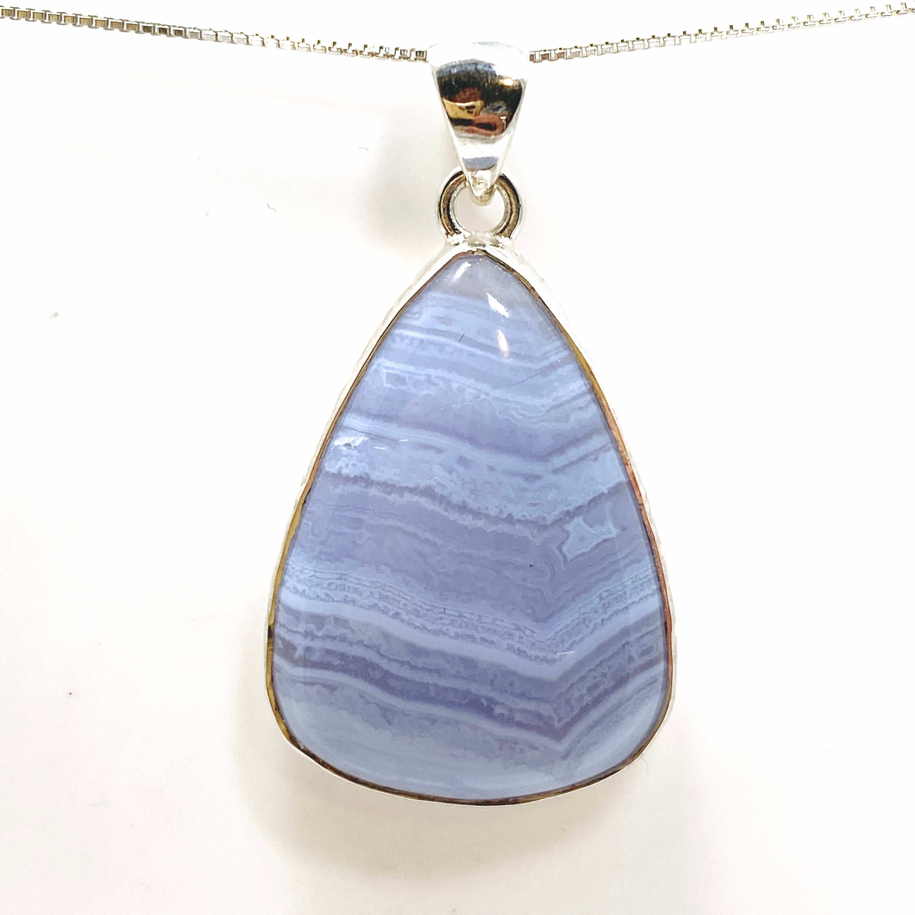 Blue Lace Agate Teardrop Cabochon Pendant in Hammered Sterling Silver Setting KPGJ4830 - Elegant Jewelry for Women, Perfect for Weddings & Special Occasions