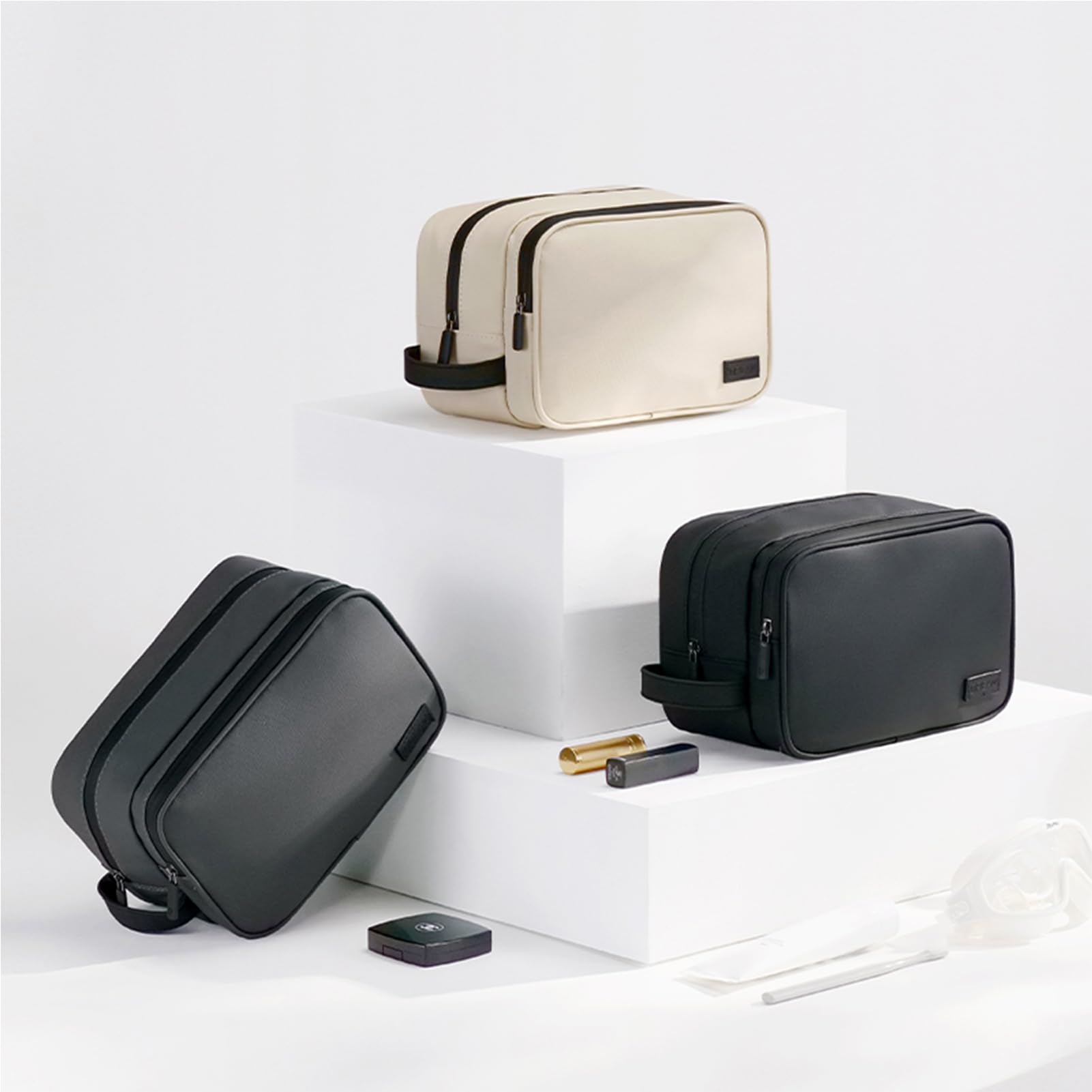 Waterproof Travel Toiletry Bag for Men & Women - PU Leather Dopp Kit & Shaving Organizer - Compact Size for Toiletries (Black) - Perfect for Airplane Carry-on, Gym, Camping & Business Trips
