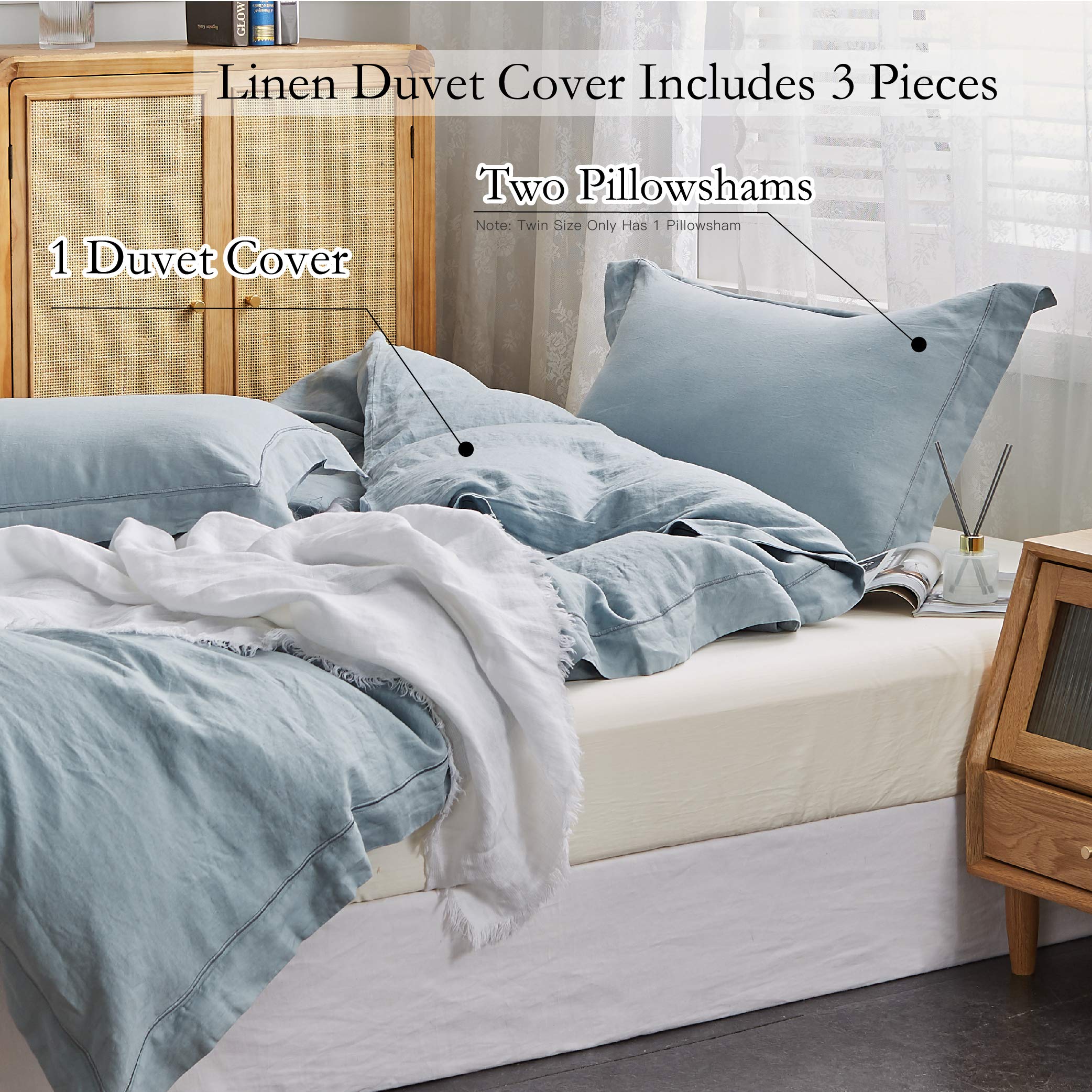 Luxury 100% Washed Linen Duvet Cover Set - Queen Size 88x92 Inches - 3 Piece Farmhouse Bedding with Embroidered Design & Button Closure - Includes 1 Duvet Cover + 2 Pillow Shams - Dusty Blue - Perfect for Master Bedroom, Guest Room & Cozy Farmhouse Decor