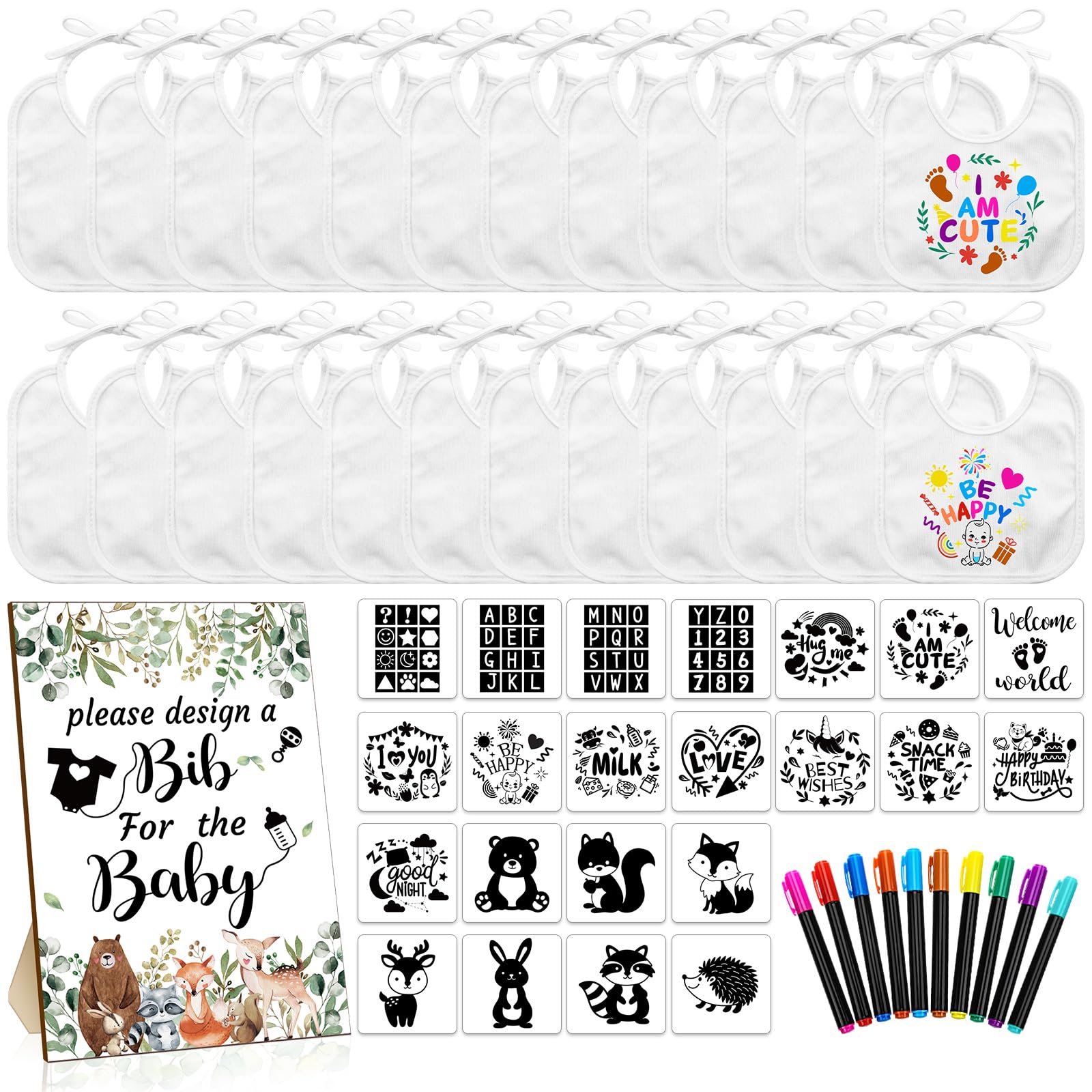 Newwiee 55-Piece White Baby Bib Set for Decorating - Plain Newborn Bibs with Wooden Sign - Perfect for Baby Shower Games, Nursery Decor & Gender Reveal Parties