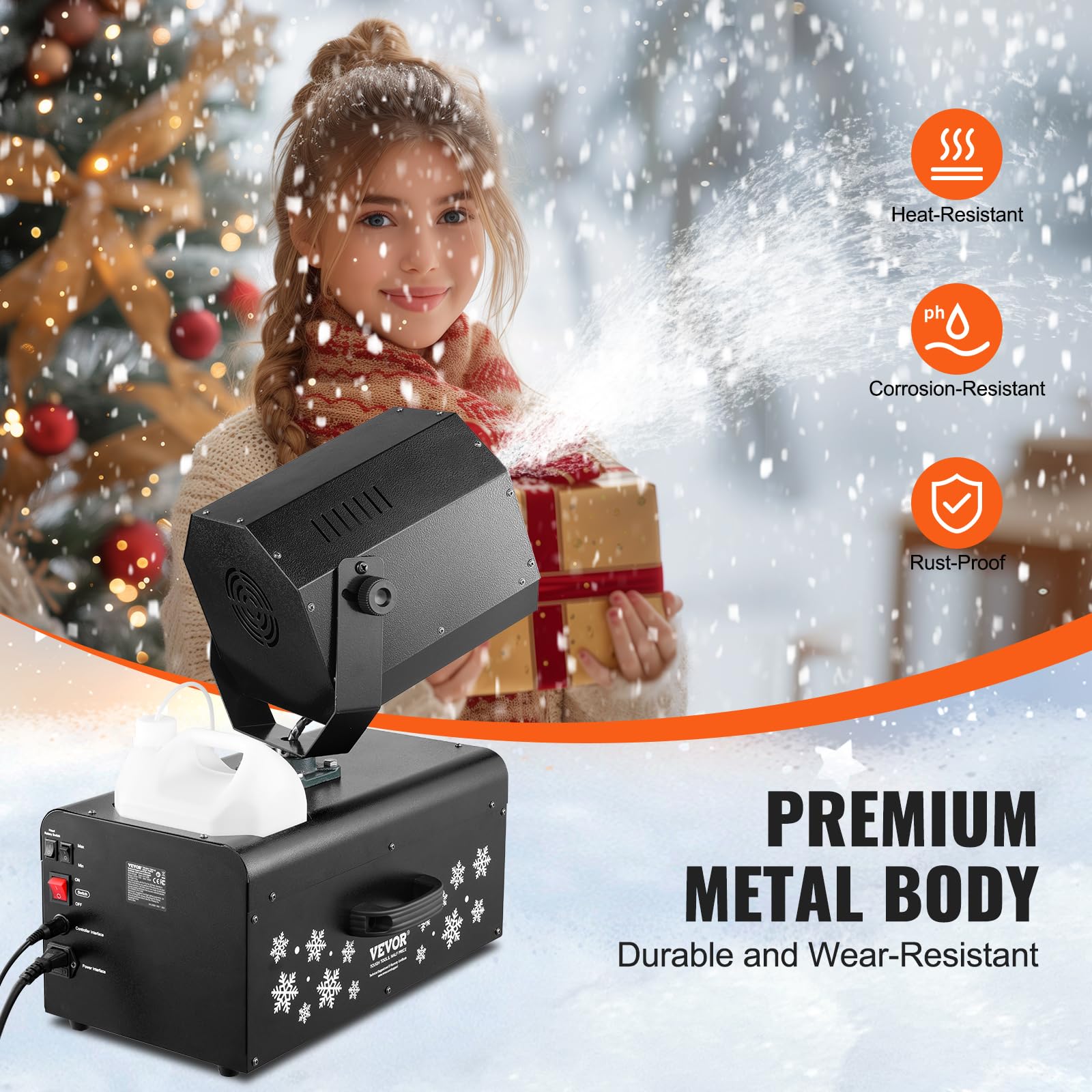 VEVOR 2000W High Output Snow Machine with 70㎡ Wide Coverage & Dual Remote Control - 90° Adjustable Shaking Head for Christmas Parties, Weddings, Stage Effects, and Winter Events