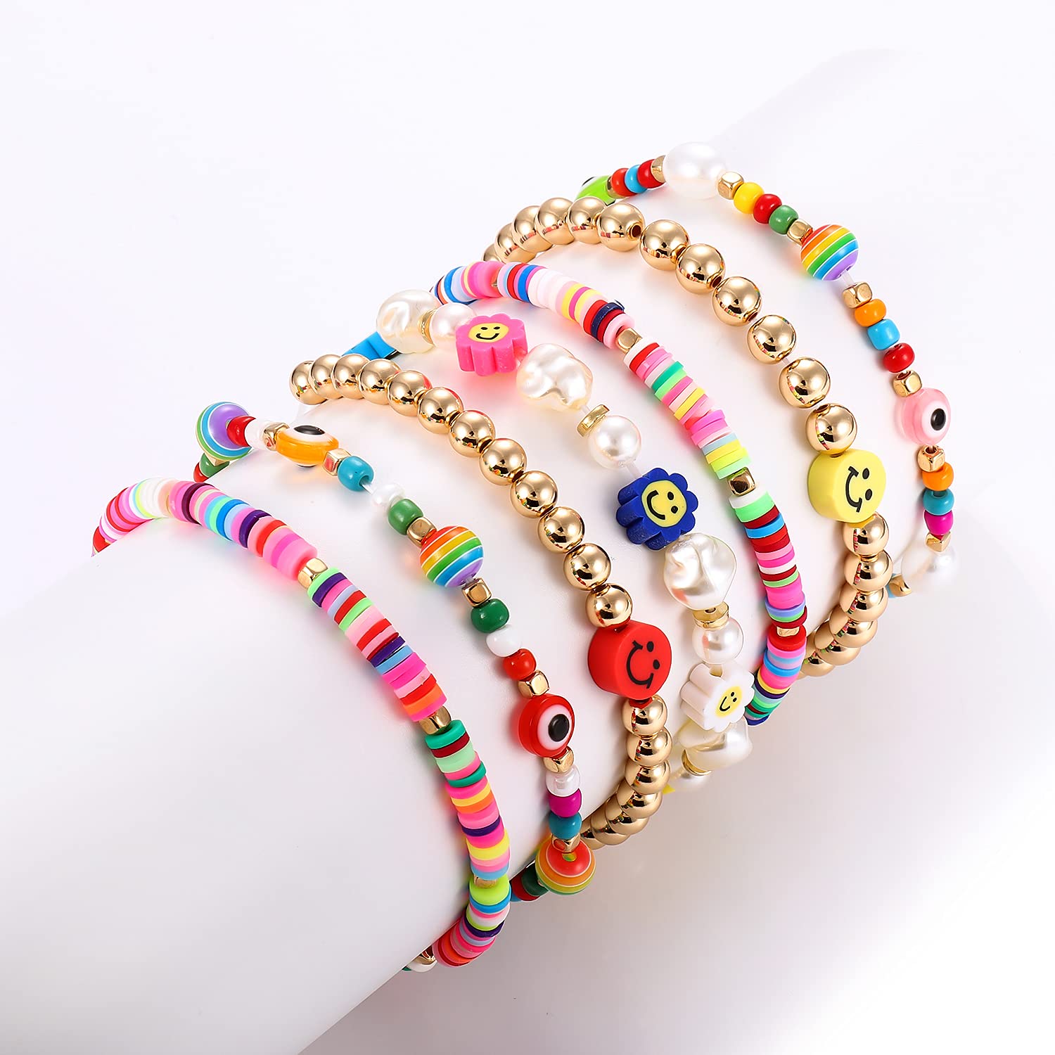 Beaded Stretch Bracelets for Women - Rainbow Heishi Bracelet Set with Colorful Clay Flowers & Evil Eye Gold-tone Beads | Adjustable Summer Beach Jewelry for Parties, Vacations & Everyday Wear