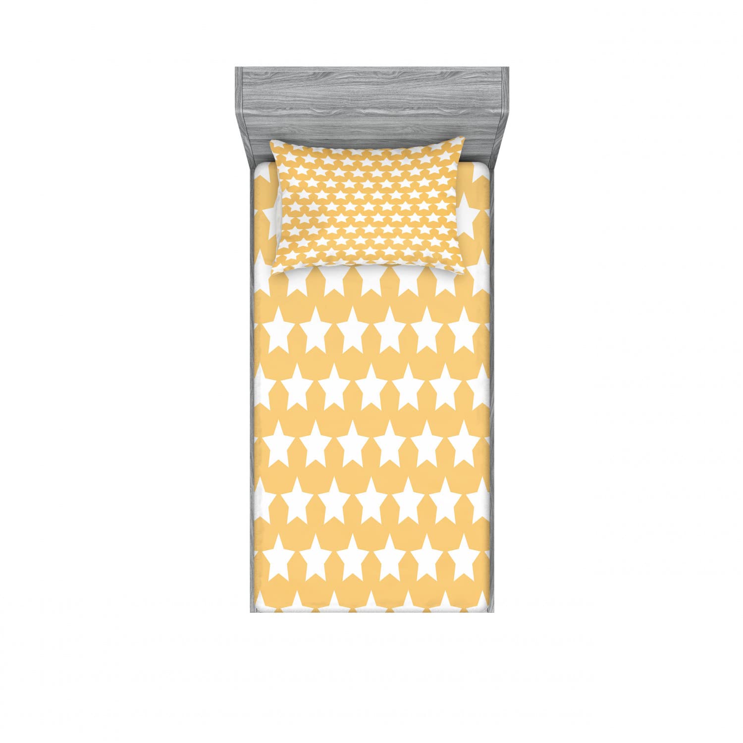 Ambesonne 2-Pack Twin Fitted Sheets & Pillow Sham Set - Retro Star Pattern in Yellow & White (4-Piece Bedding Set) | Soft Apricot Cream Color | Perfect for Kids' Rooms, Guest Beds & Dorm Decor