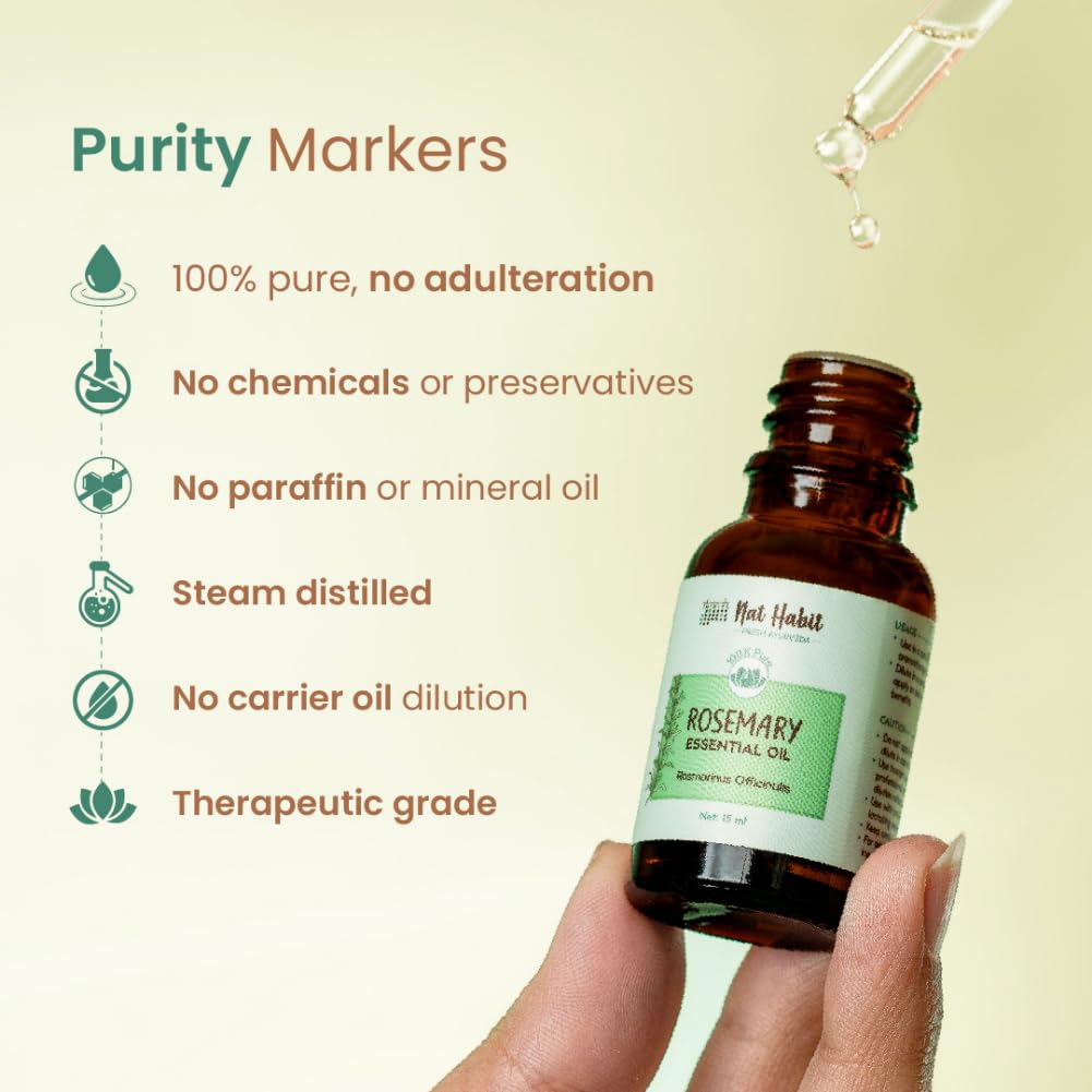 Nat Habit 100% Pure Rosemary Essential Oil - 15ml for Aromatherapy, Hair Growth & Relaxation - Perfect for Diffusers, Massage & DIY Skincare