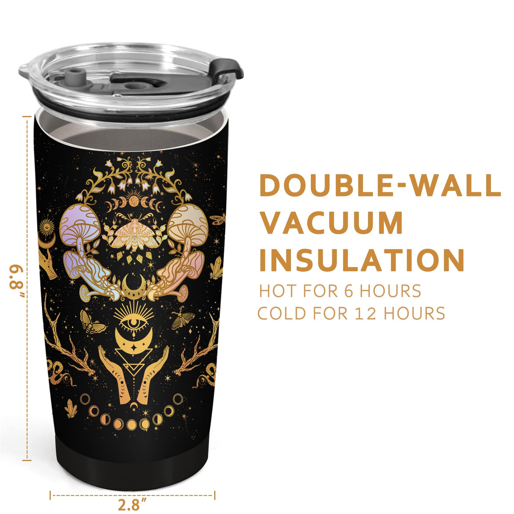 Magic Mushroom Tumbler 20oz - Insulated Coffee Mug with Lid - Unique Witchy Gifts for Women - Sun Moon & Constellation Design - Perfect for Birthday, Office, Camping & Travel