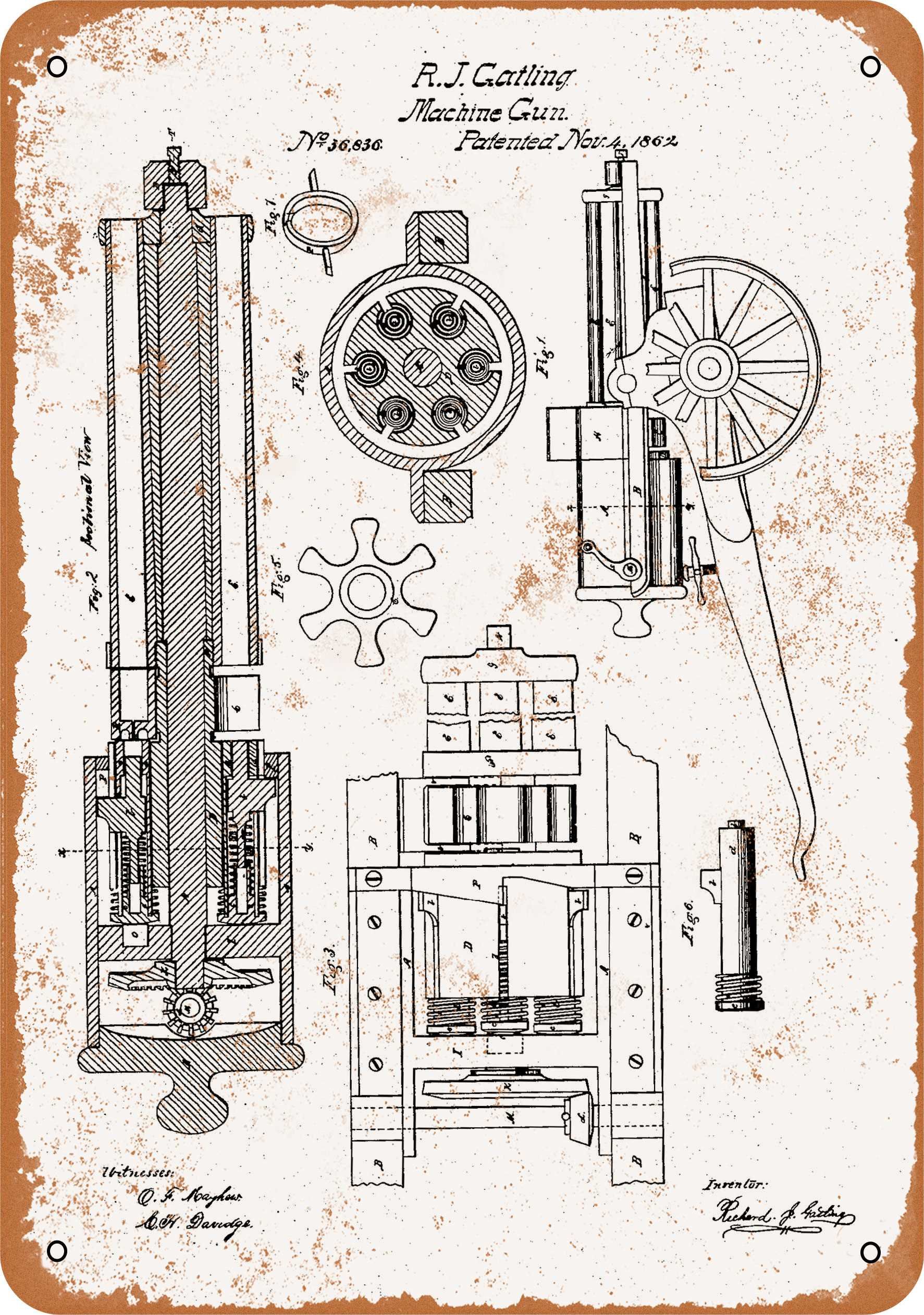 10 x 14 Inch Vintage Style Metal Wall Sign - 1862 Gatling Machine Gun Patent Reproduction - Perfect for Man Cave, Garage Decor & Military History Enthusiasts