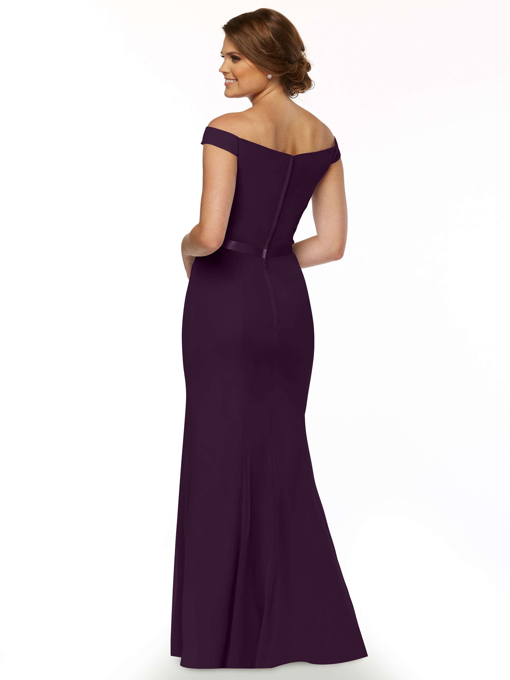 Elegant Off-The-Shoulder Chiffon Bridesmaid Dress with Ribbon Belt - Flowy Fit & Flare Design for Weddings, Parties & Special Occasions | Style #80079