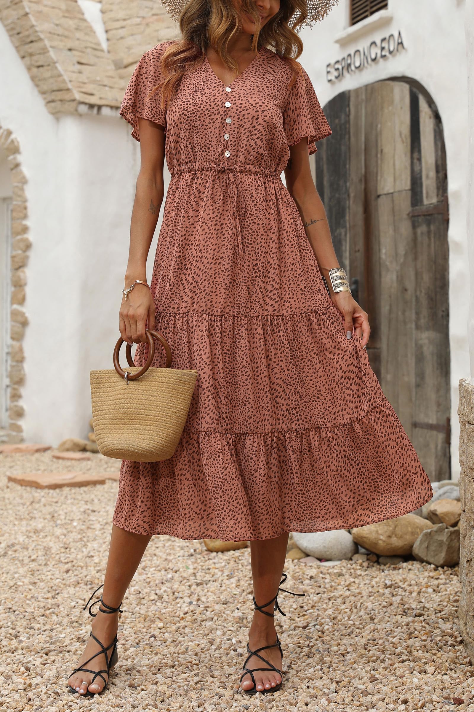 PRETTYGARDEN Women's Floral Maxi Dress - 2025 Summer Casual Short Sleeve V-Neck Tiered Boho Sundress | Perfect for Beach Vacations, Date Nights & Outdoor Parties