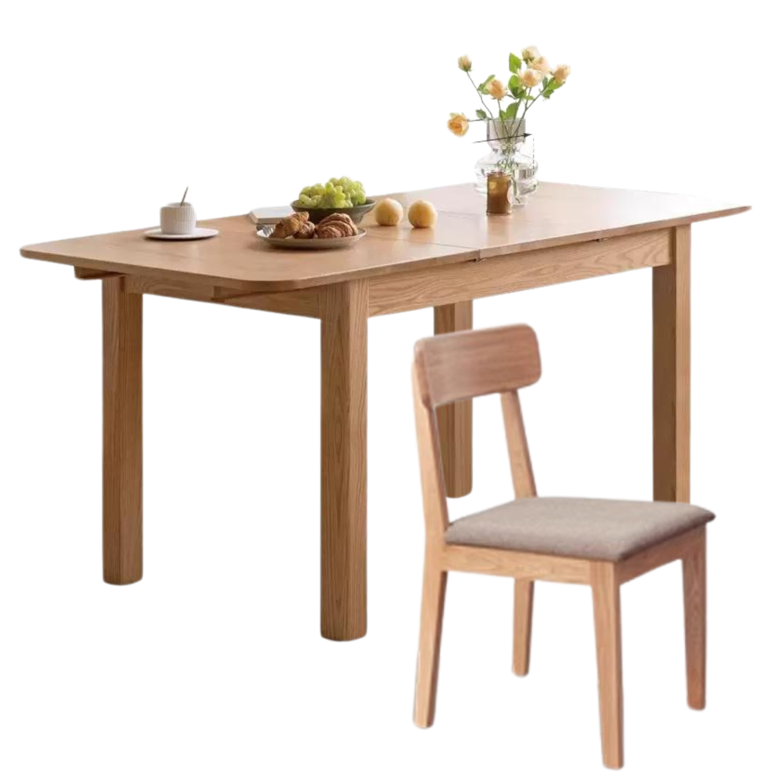 47.2-63x31.5x29.5 inch / 120-160x80x75 сm / Natural Wood Color / Dining table + four chairs