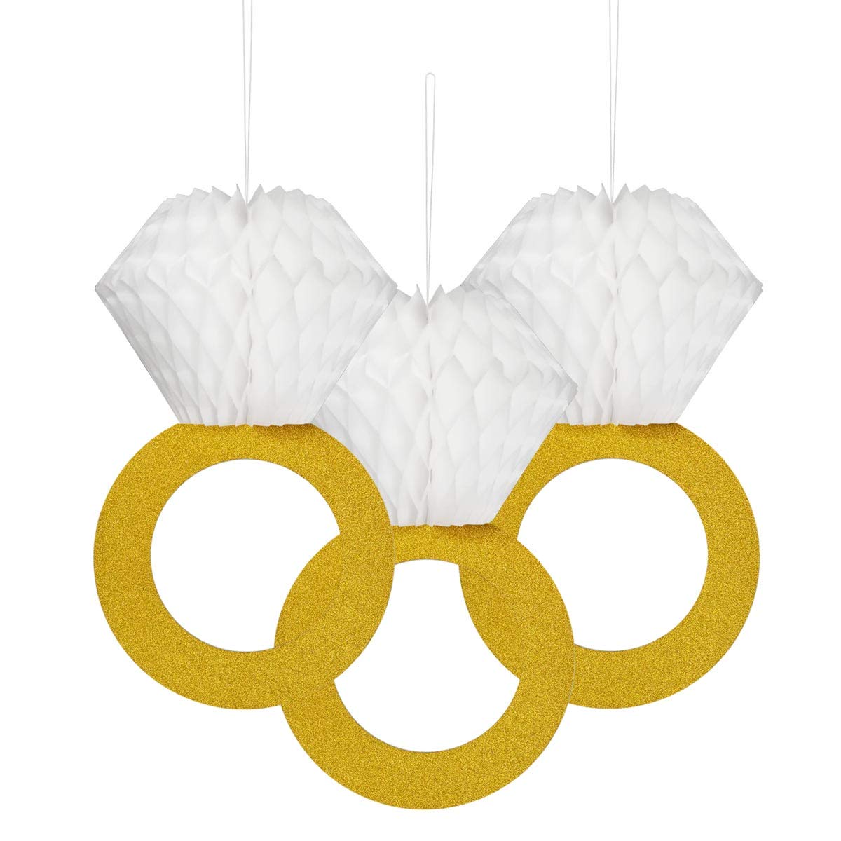TTSAM Glitter Gold Honeycomb Diamond Ring Hanging Decorations (3-Piece Set) - Elegant Wedding Party Decor for Bachelorette, Engagement, Bridal Shower & Anniversary Celebrations - Perfect for Photo Backdrops, Table Centerpieces & Venue Decorations