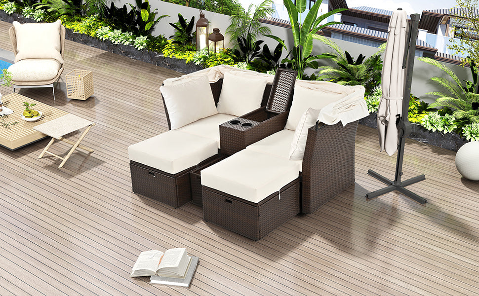 2 Seater Outdoor Patio Daybed with Foldable Awning & Cushions - Double Loveseat Sofa Set for Garden, Balcony, Poolside - Perfect for Relaxing, Sunbathing & Outdoor Lounging (Beige)