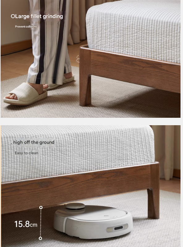 Solid Oak Wood Bed Frame with Soft Fabric Upholstered Headboard - Queen Size, Modern Minimalist Design for Bedroom, Guest Room, or Dorm