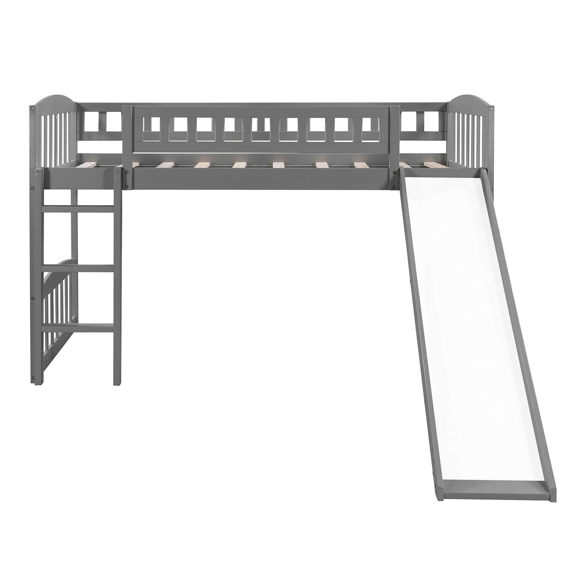Twin Size Low Loft Bed with Slide and Ladder - Sturdy Wooden Loft Bed Frame for Kids, Girls & Boys in Gray | Perfect for Small Bedrooms, Playrooms & Dorm Rooms