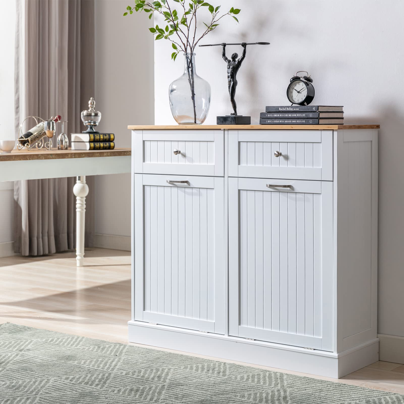 Freestanding Tilt-Out Trash Cabinet with Cutting Board - Pet Proof Kitchen Garbage Recycling Station, Wood Laundry Hamper & Hideaway Trash Holder Drawers (2, White) - Perfect for Small Kitchens, Apartments & Eco-Friendly Homes