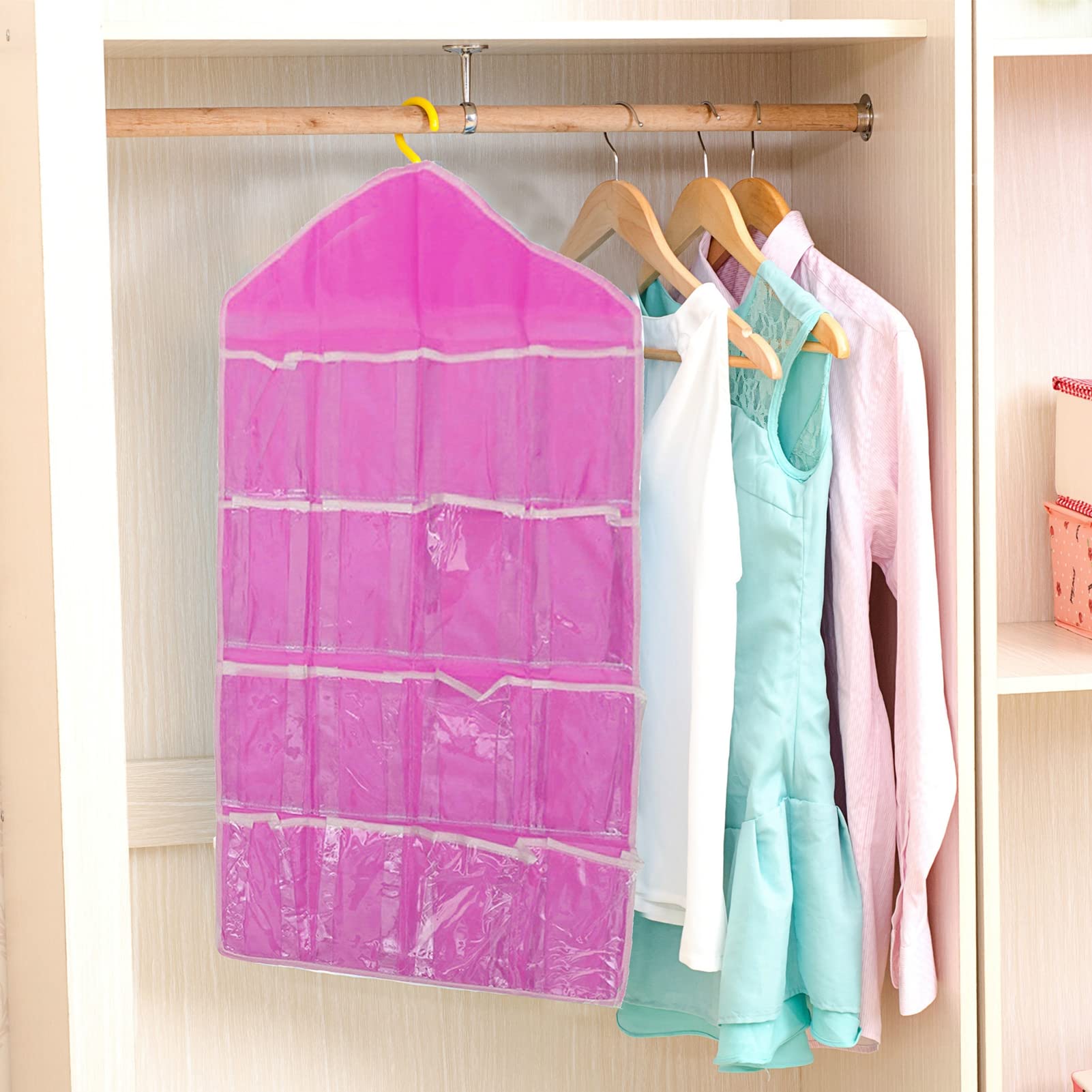 16-Pocket Hanging Closet Organizer - Large Wardrobe Storage Shelves for Clothes, Bras, Socks, Underwear & Leggings | Space-Saving Beige Closet Organizer for Bedroom, Dorm & Travel Use