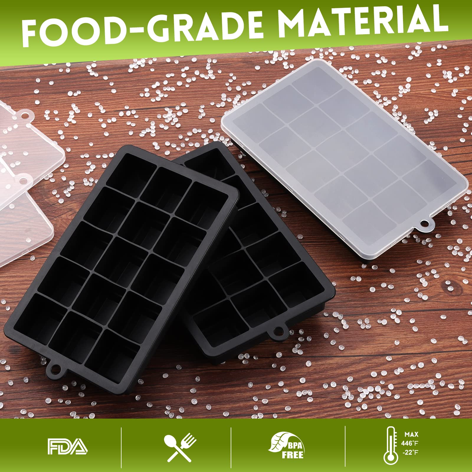 Sinnsally 3-Pack Silicone Ice Cube Trays with Lid - 15 Square Ice Molds for Whiskey, Cocktails & Beverages | BPA-Free, Easy Release Freezer Containers | Perfect for Home Bars, Parties & Everyday Use