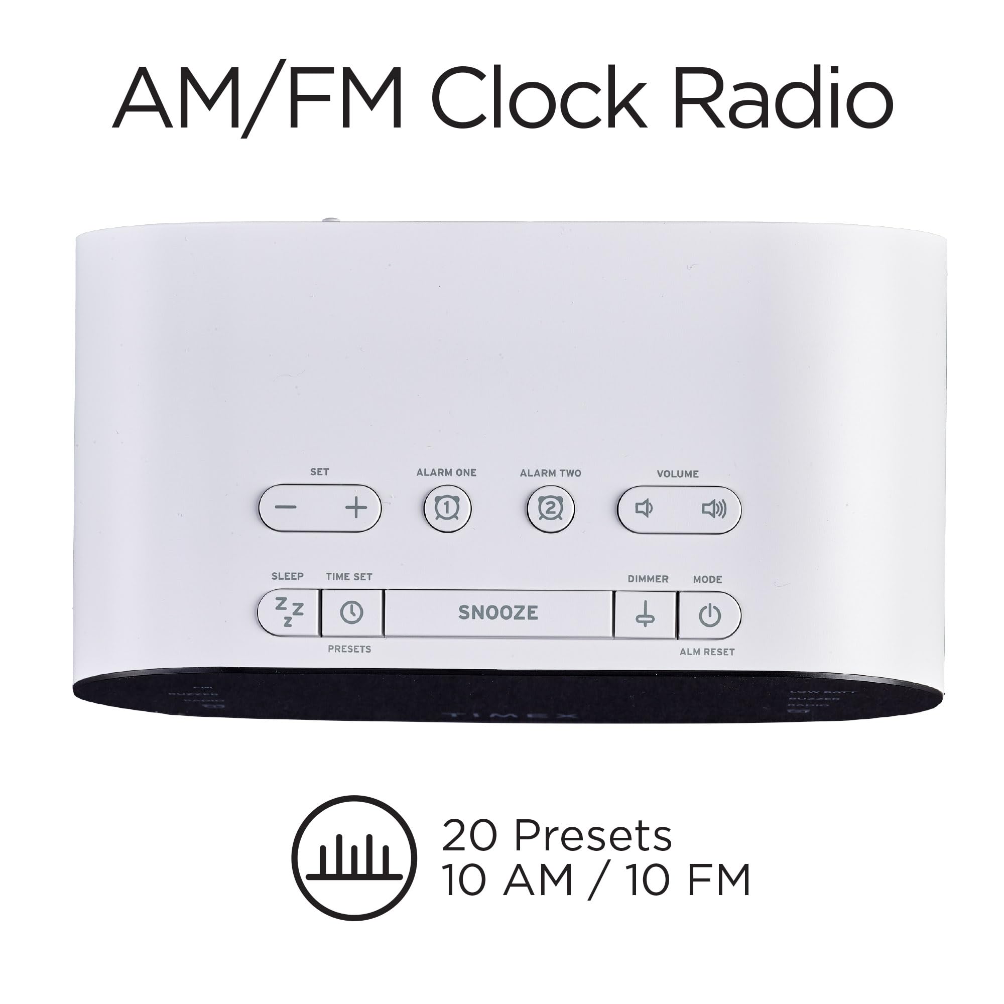 Timex T231W Digital Alarm Clock with AM/FM Radio - 20 Station Presets, Dual Alarms, Programmable Timer, Snooze & Volume Control | Perfect for Bedroom, Office and Travel Use