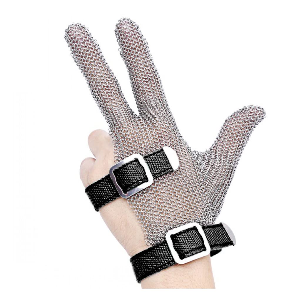 3 Finger Steel Ring Gloves - Ambidextrous Stainless Steel Protective Safety Gloves for Butcher, Meat Processing & Woodworking - Medium Size Cut Resistant Work Gloves
