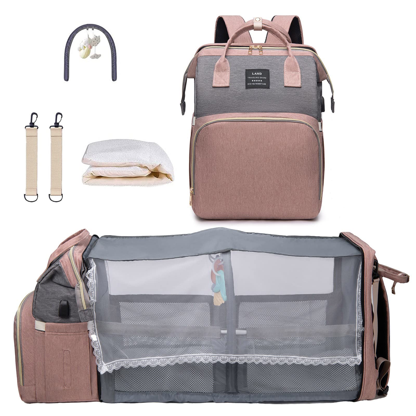 ANWTOTU Large Capacity Diaper Backpack with Changing Station - 900D Oxford Waterproof Diaper Bag for Boys & Girls (Pink Grey) - Perfect for Travel, Daycare & On-the-Go Parents