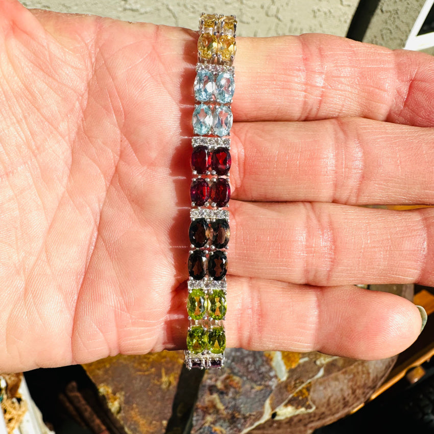 Sterling Silver Rainbow Gemstone Tennis Bracelet for Women - Elegant Stackable Bracelet with Multi-Color Stones for Everyday Wear, Gift Giving & Special Occasions