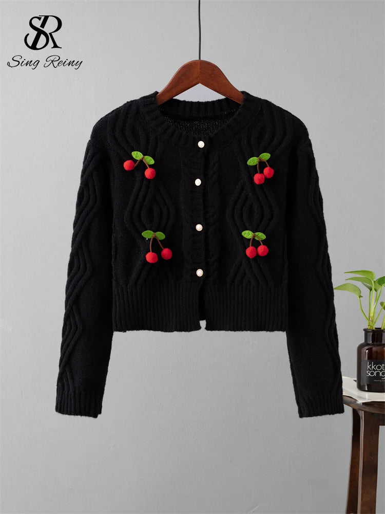 3D Cherry Print O-Neck Long Sleeve Pearl Button Knit Sweater for Women - Cozy Winter Pullover for Casual Wear & Office Outfits
