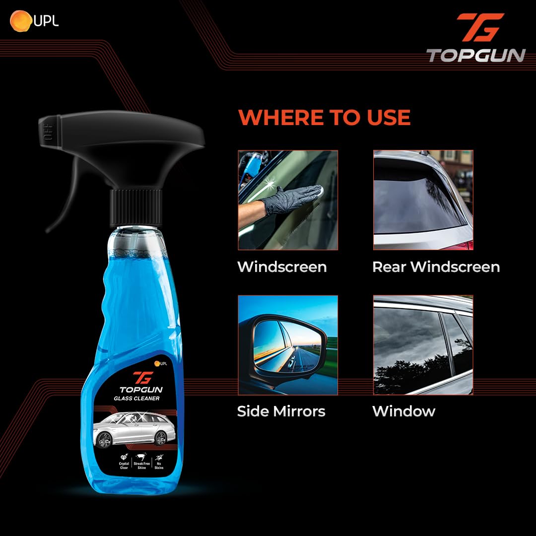 TOPGUN Glass Cleaner 250ml - Streak-Free Formula for Windows, Mirrors & Glass Surfaces | Removes Mud, Dirt, Grease & Fingerprints | Perfect for Home, Office & Car Cleaning