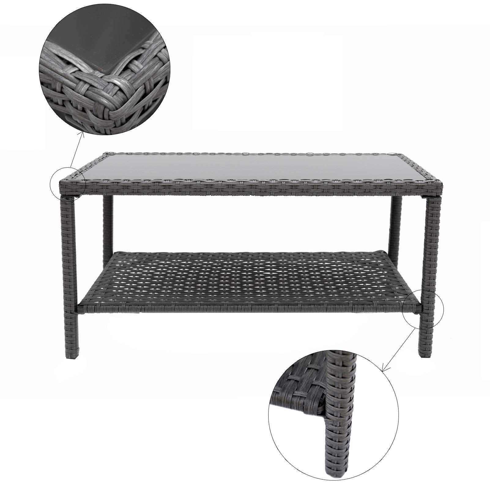 Outdoor Coffee Side Table with Glass Top - All-Weather Wicker Patio End Table for Garden, Balcony & Deck - Gray Rectangle Storage Table for Drinks, Books & Decor