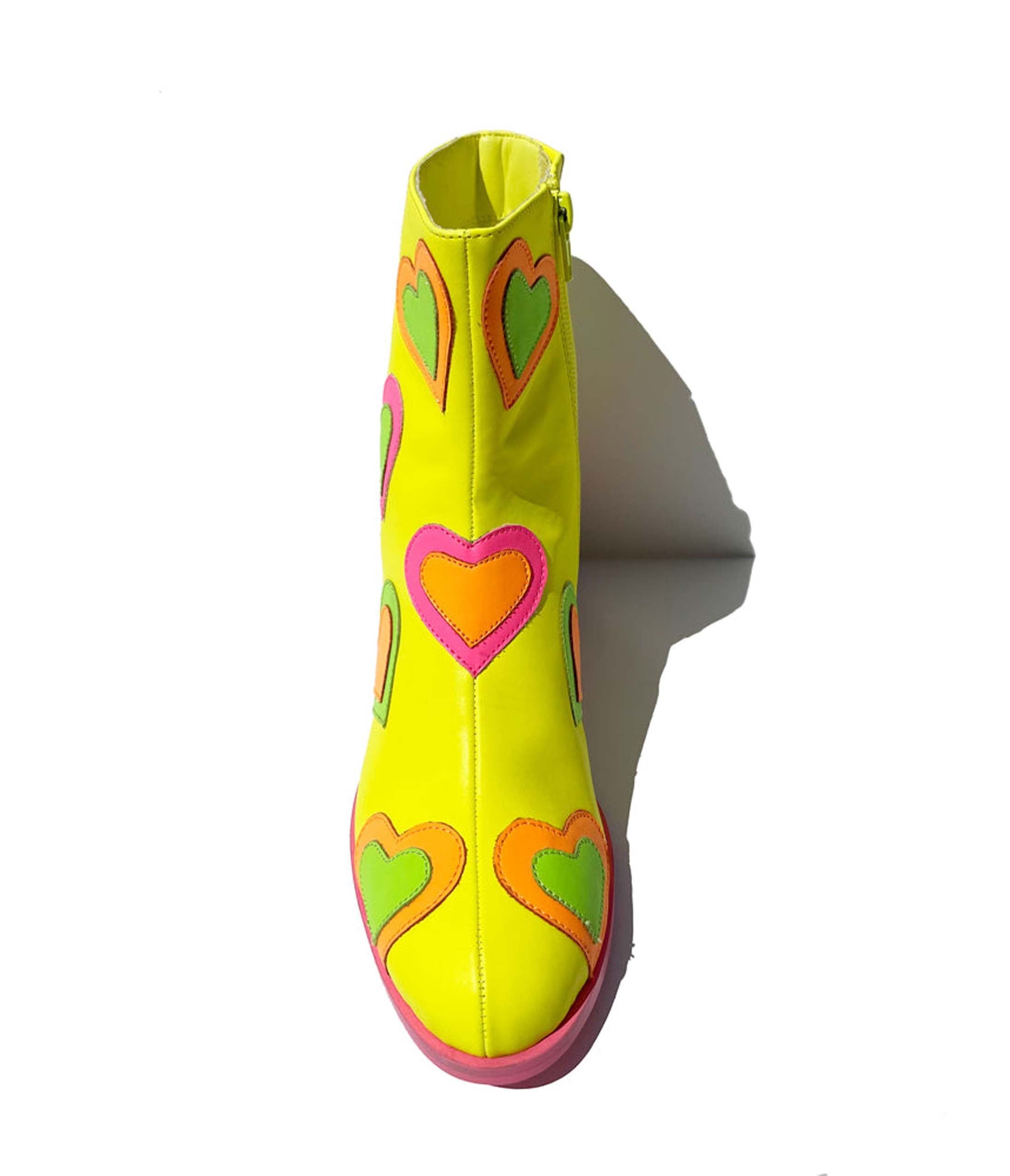 Neon Yellow & Rainbow Heart Print Ankle Boots for Women - Trendy Platform Heels for Parties, Concerts & Festivals