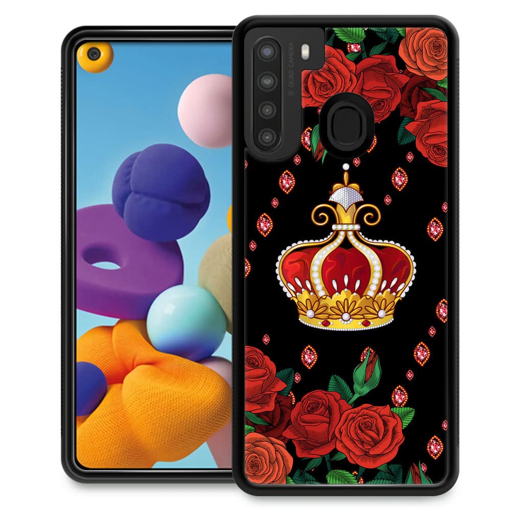 Samsung Galaxy A21 Case for Women - Rose Crown Pattern Shockproof Anti-Scratch Tempered Glass Phone Cover Compatible with 6.5-inch Samsung A21 | Perfect for Daily Use, Work, and Travel Protection