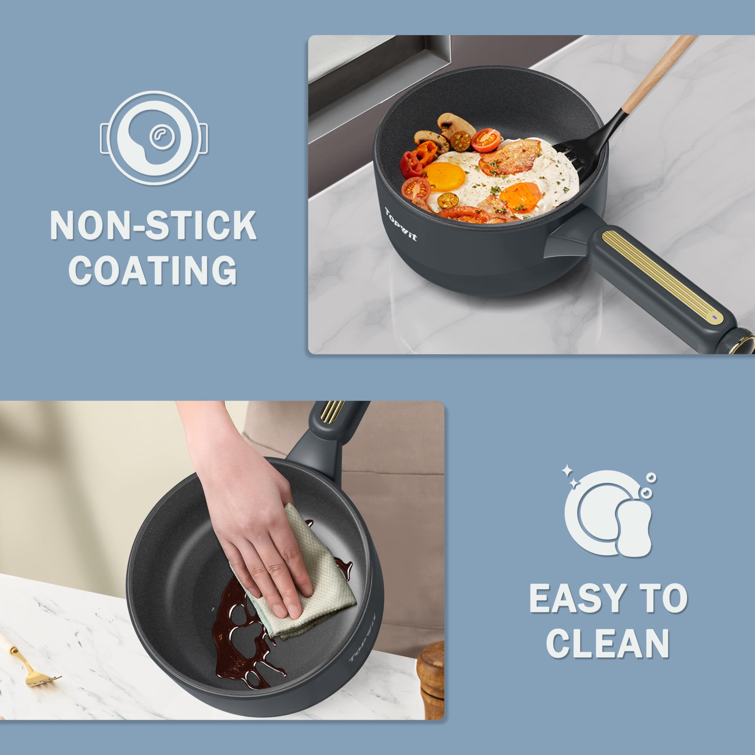 TOPWIT 2L Electric Hot Pot with Non-Stick Coating - Dual Power Control Portable Cooker for Steak, Eggs, Fried Rice, Ramen & Soup - Includes Silicone Spatula (Grey) | Perfect for Dorm Rooms, Office Lunches, Camping & Small Kitchen Cooking