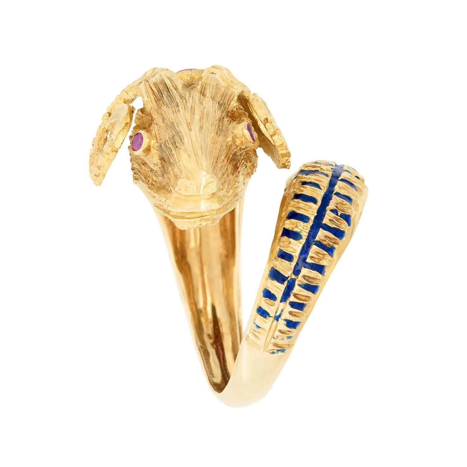 18K Gold Greek Estate Ruby & Enamel Ram's Head Ring - Vintage Jewelry for Women, Unique Statement Piece for Parties & Special Occasions