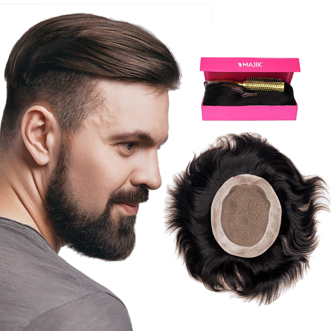 Majik USA Monofilament Hair Patch for Men - Natural Black 8X6 Toupee with Hair Brush, 4 Clips & 1 Tape | Realistic Hair Replacement System for Thinning Hair | Perfect for Daily Wear, Special Occasions & Confidence Boosting