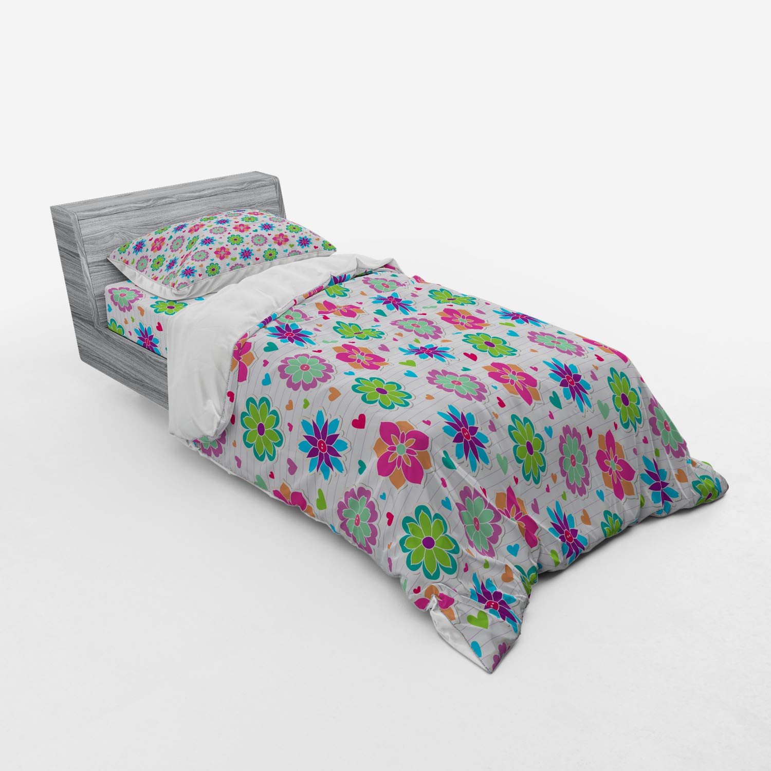 Ambesonne Retro Duvet Cover Set - Vibrant Chamomile Flowers & Hearts Design, 3-Piece Twin XL Bedding Set with Sham & Fitted Sheet | Perfect for Bohemian Bedrooms & Cozy Dorm Rooms