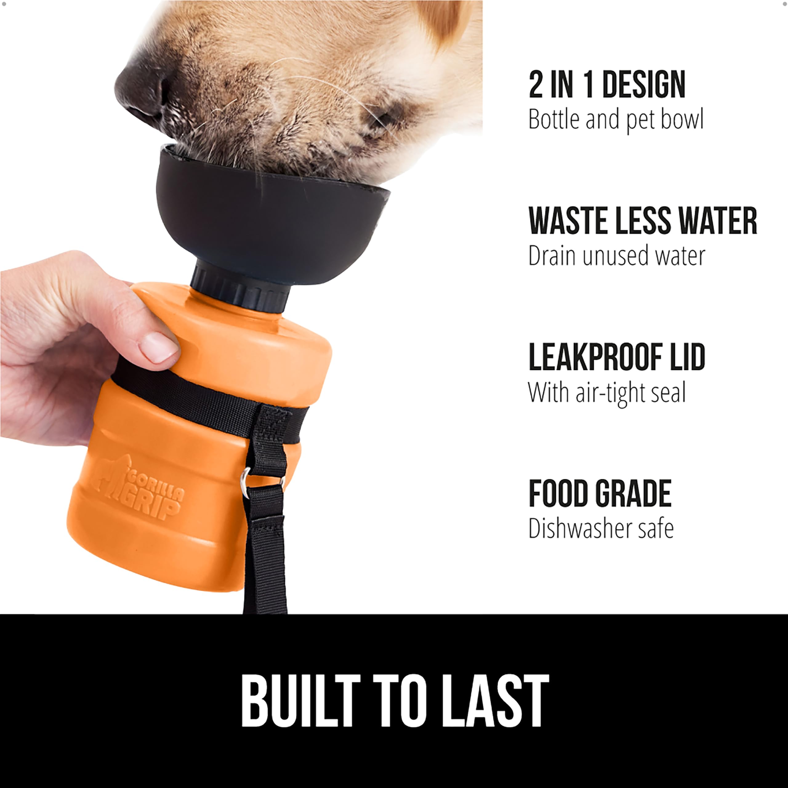 GORILLA GRIP 20oz Leak Proof Dog Water Bottle with Portable Bowl - BPA Free Food Grade Silicone Pet Travel Squeeze Bottle for Hiking, Camping & Outdoor Adventures - Essential Puppy Accessories (Orange)