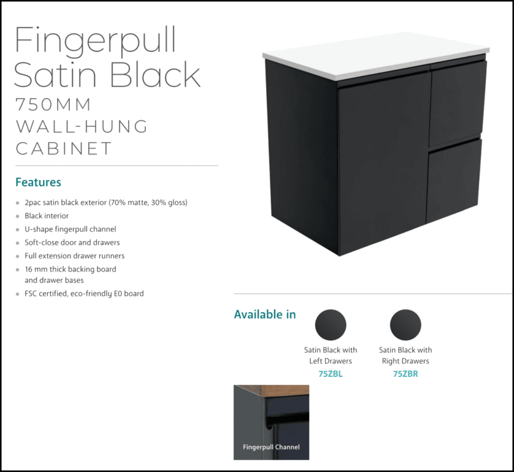 Fienza 30-Inch Undermount Bathroom Vanity with Crystal Pure Stone Top, Wall Mounted Satin Black Finish, Right Drawers & Finger Pull Design - Perfect for Modern Small Bathrooms and Powder Rooms
