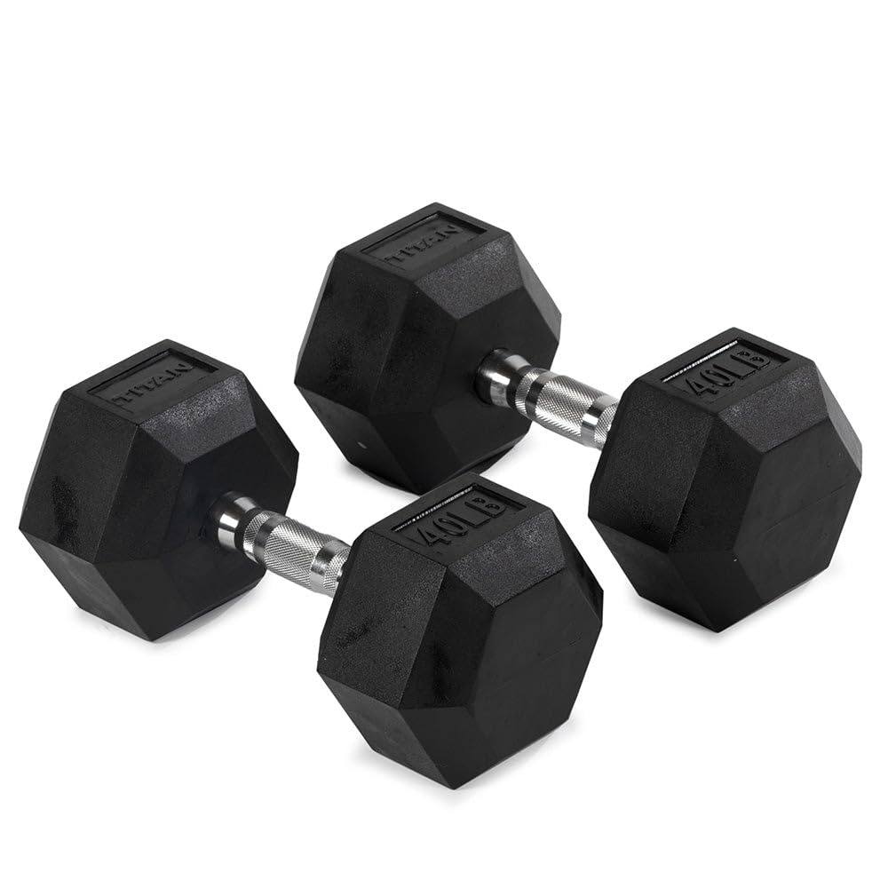 Titan Fitness 40 LB Pair Rubber Coated Hex Dumbbells - Black Ergonomic Cast Iron Handle Free Weights for Strength Training, Home Gym & CrossFit Workouts