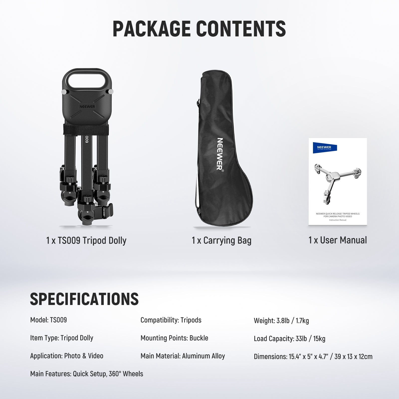NEEWER TS009 Quick Lock Release Tripod Dolly for Photography - Smooth Rolling Camera Stand for Video Shooting, Vlogging, and Studio Work