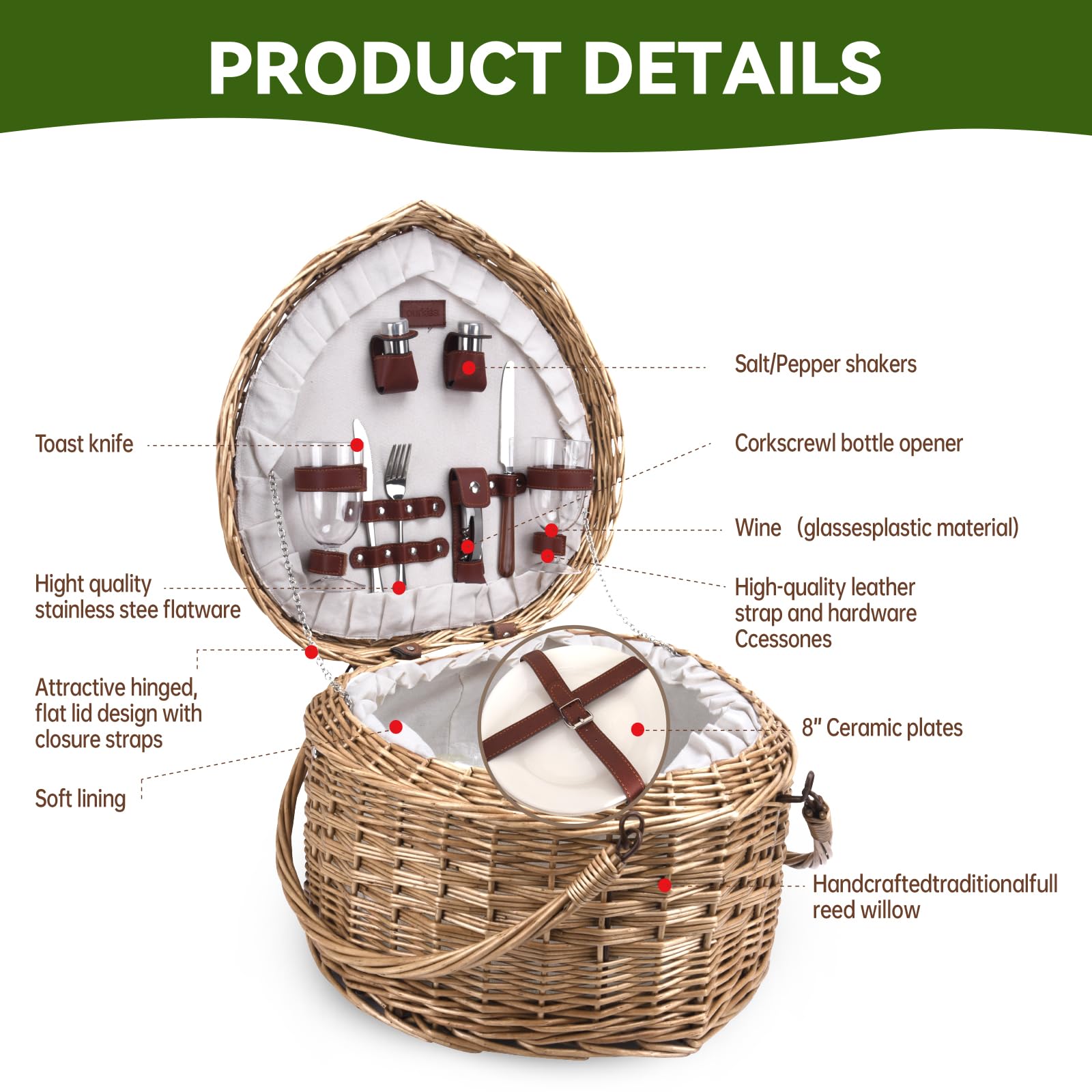 Romantic Heart-Shaped Picnic Basket Set for 2 - Wicker Picnic Hamper with Complete Accessories | Perfect Anniversary Gift for Couples, Valentine's Day Present | Ideal for Outdoor Dates, Beach Picnics & Park Gatherings