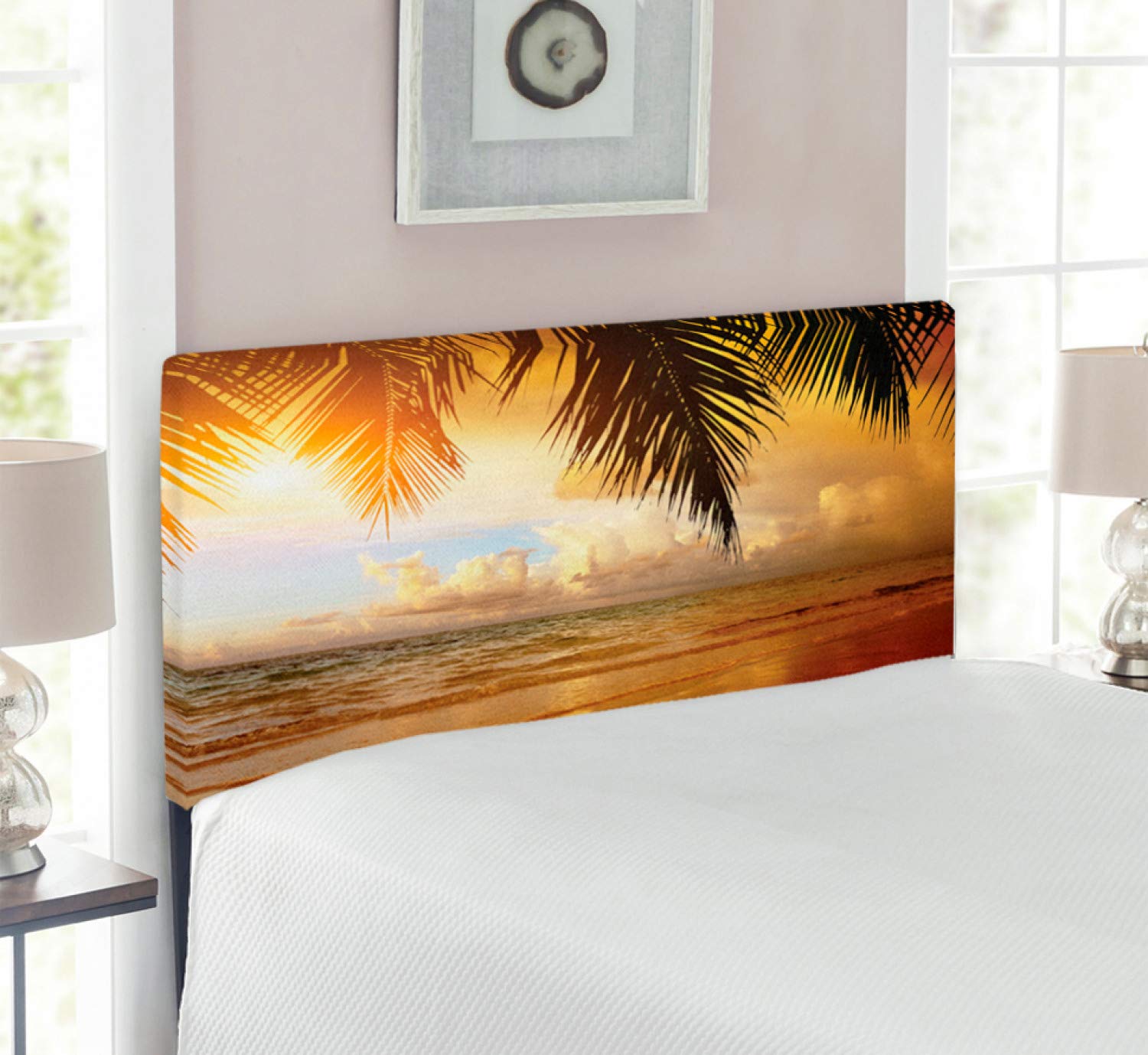 Ambesonne Ocean Headboard - Sunset Beach Caribbean Sea Waves with Palm Tree, Upholstered Decorative Metal Bed Frame with Memory Foam, Twin Size in Dark Orange & Pale Blue - Perfect for Coastal & Tropical Bedroom Decor