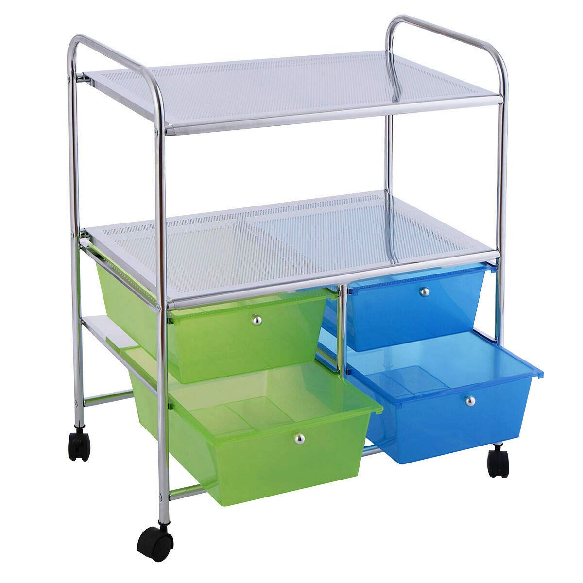Blue Green 4-Drawer Rolling Storage Cart with 2 Open Shelves - Organize Towels, Toiletries, Books & Office Supplies - Perfect for Kitchen, Bathroom & Office Organization