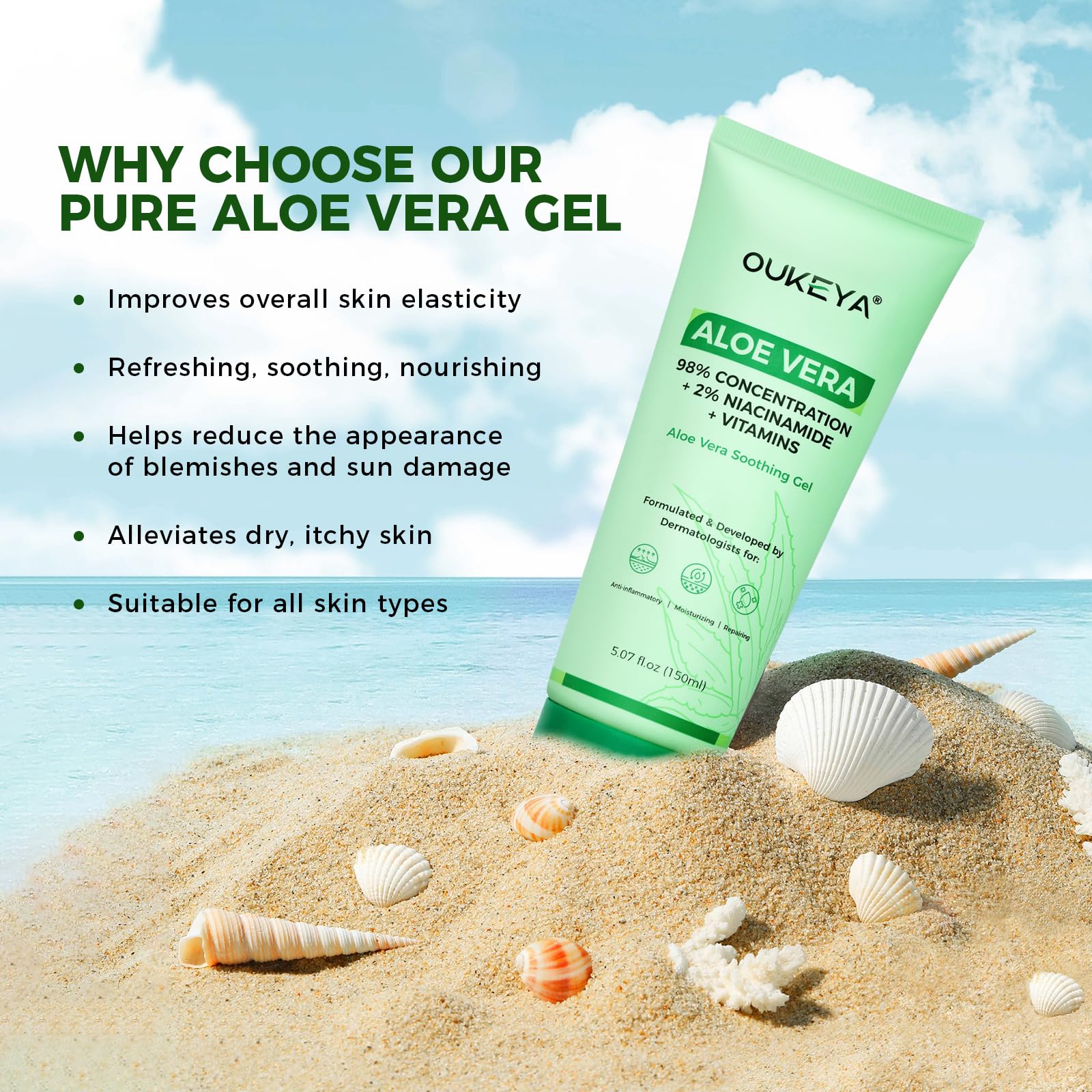 98% Pure Organic Aloe Vera Gel for Face & Body - Natural Hydrating Moisturizer for Sunburn Relief, Skincare & Hair Care - Soothes Razor Bumps & Scalp - 5.07 Fl Oz - Perfect for Post-Sun Care, Daily Hydration & Sensitive Skin Treatment
