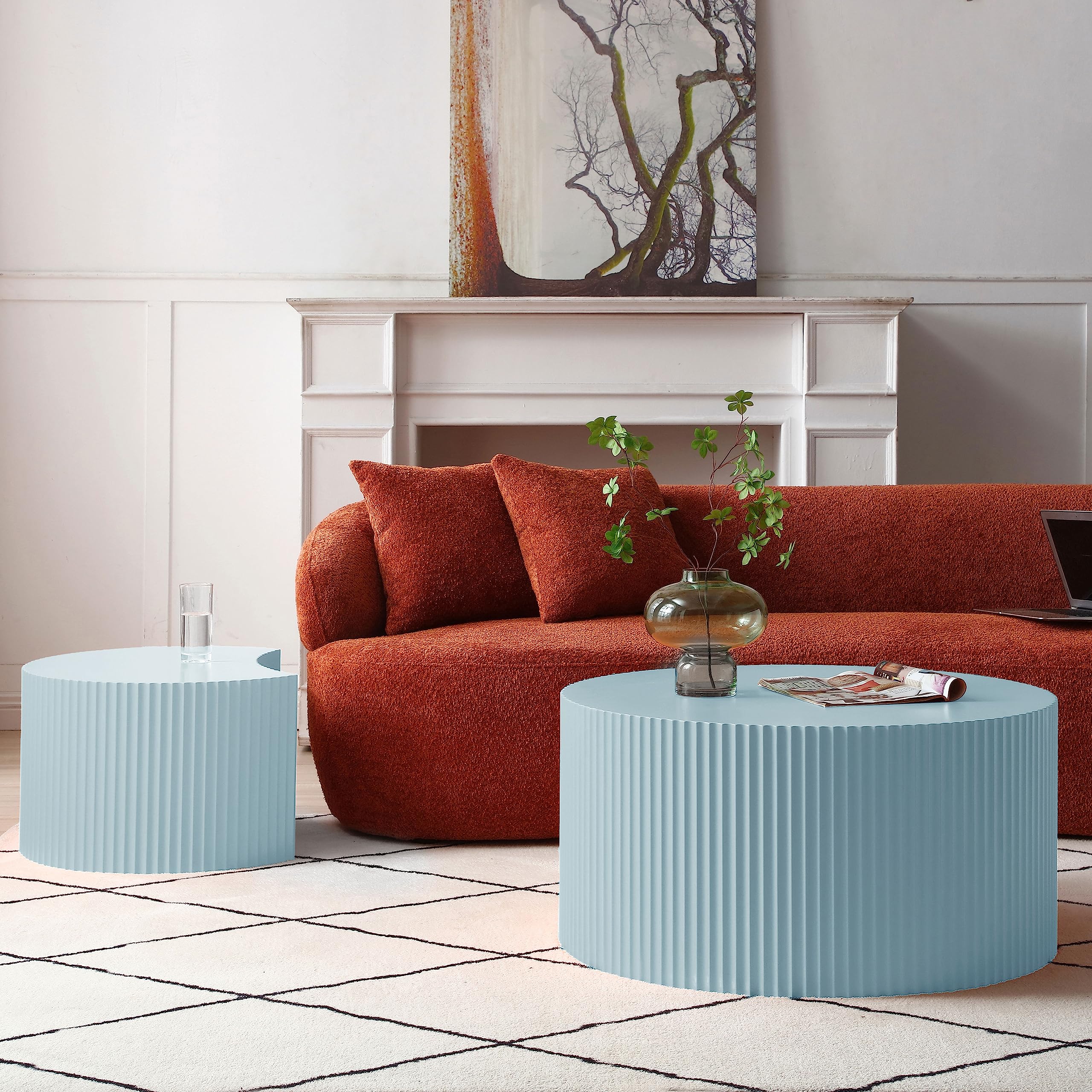 Modern Round Nesting Coffee Table Set of 2 - Unique Wooden Design for Small Spaces, Living Room Furniture - Blue | Perfect for Apartments, Studios & Cozy Home Decor