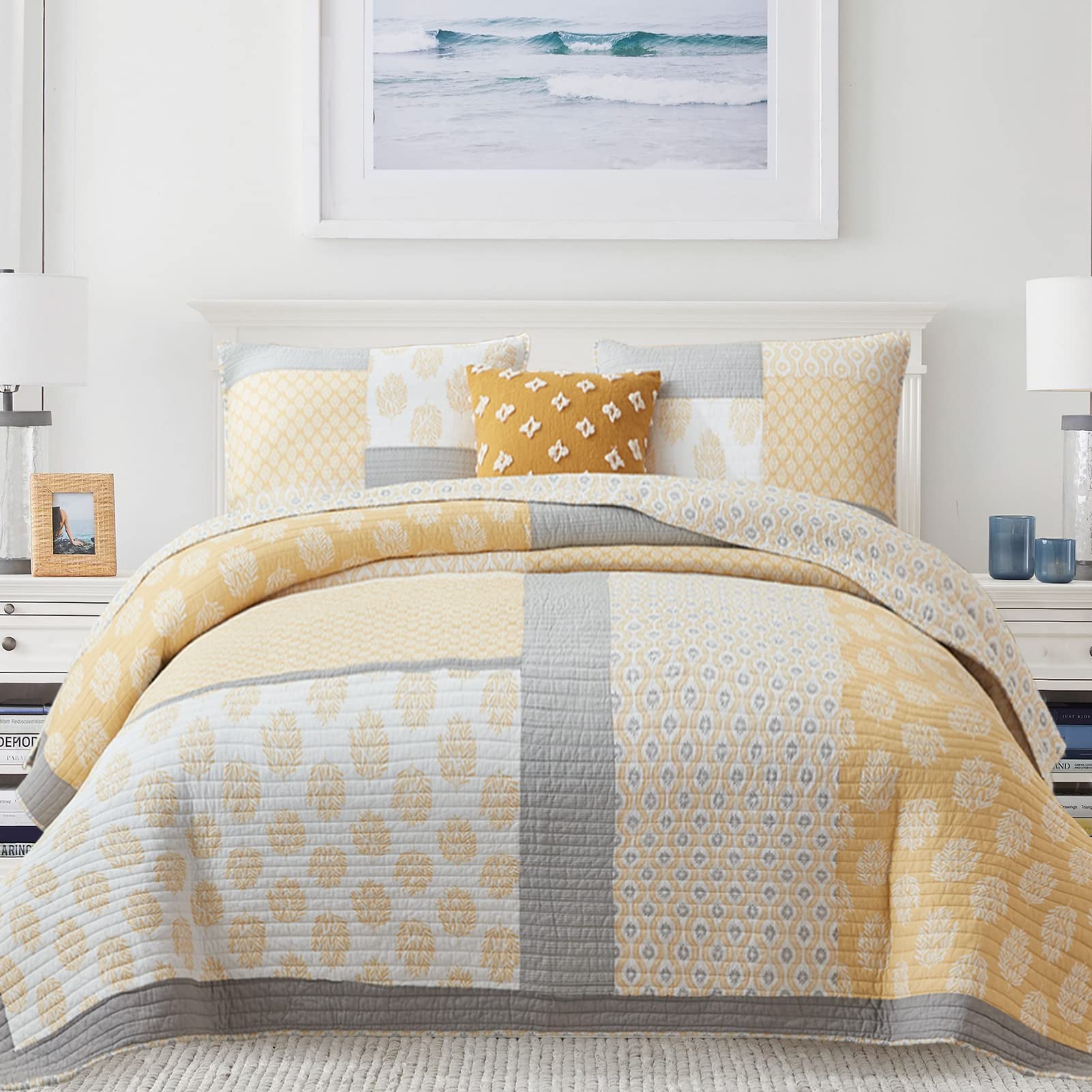 Y-PLWOMEN 100% Cotton Twin Size Quilt - Reversible Patchwork Floral Design in Yellow & Grey | Lightweight All-Season Bedding Set (2-Piece) | Perfect for Guest Rooms, Dormitories & Cozy Home Decor