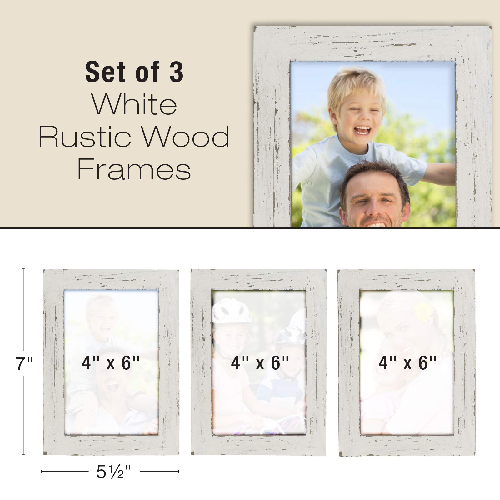Rustic Torched Wood Picture Frames Set of 3 - 4x6 Inch Photo Frames for Wall or Tabletop Display - Shabby Chic, Driftwood, Barnwood, Farmhouse Style - Reclaimed Wood White Frame for Home Decor, Living Room, Bedroom, Office