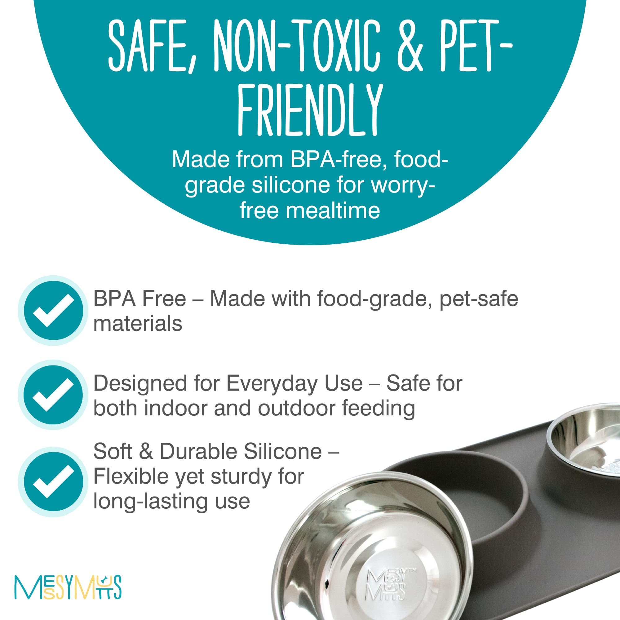 Messy Mutts Double Silicone Feeder with Stainless Steel Bowls - Non-Slip Pet Food Dish for Dogs & Cats - Large 3-Cup Capacity - Grey - Perfect for Mealtime & Travel Use