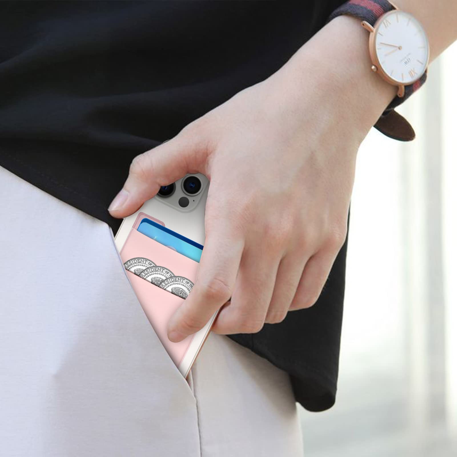 FYY 2 Pack Stretchable Lycra Phone Card Holder - Stick On Credit Card Wallet for iPhone, Samsung & Android Smartphones (Pink) - Slim & Secure for Daily Commute, Shopping & Travel