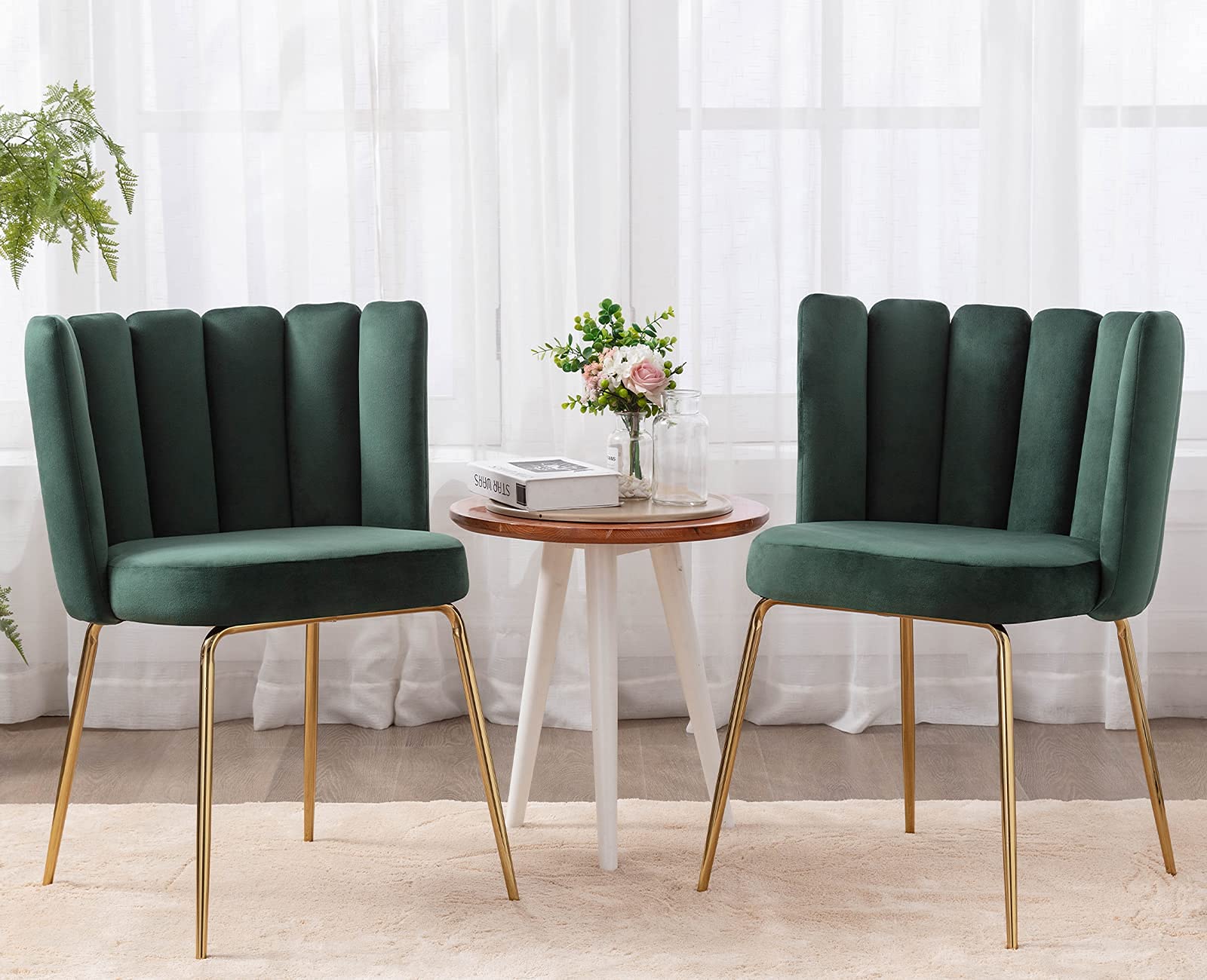 Luxury Velvet Dining Chairs Set of 2 - Modern Upholstered Accent Chairs with Gold Metal Legs for Kitchen, Living Room & Dining Room - Dark Green Mid-Century Style Seating for Home Decor & Entertaining