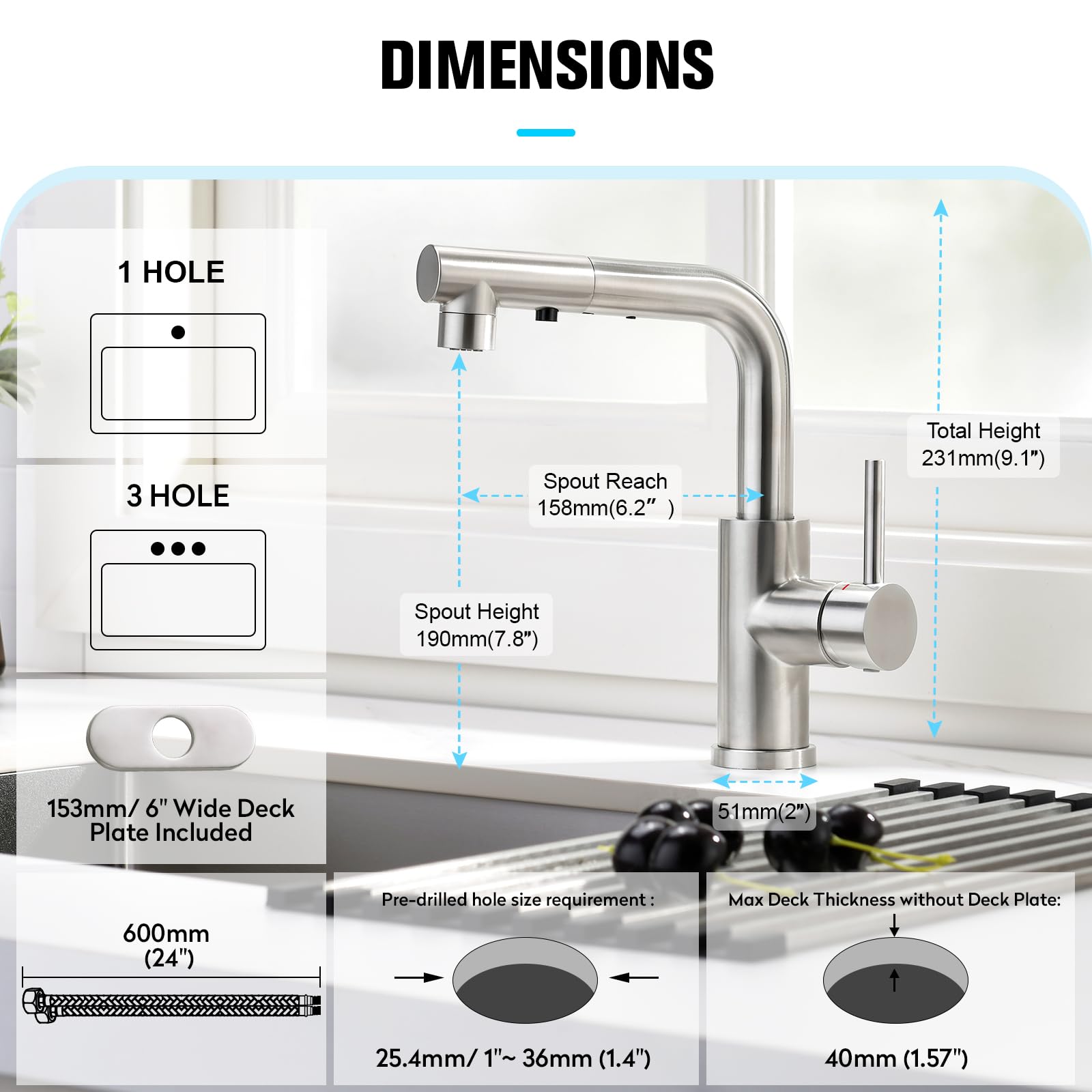 CREA Brushed Nickel Bar Sink Faucet with Pull-Out Sprayer & Pop-Up Drain Stopper - Compact Kitchen & Bathroom Faucet with Overflow & Hair Catcher - Perfect for Small Sinks, Wet Bars, and Powder Rooms