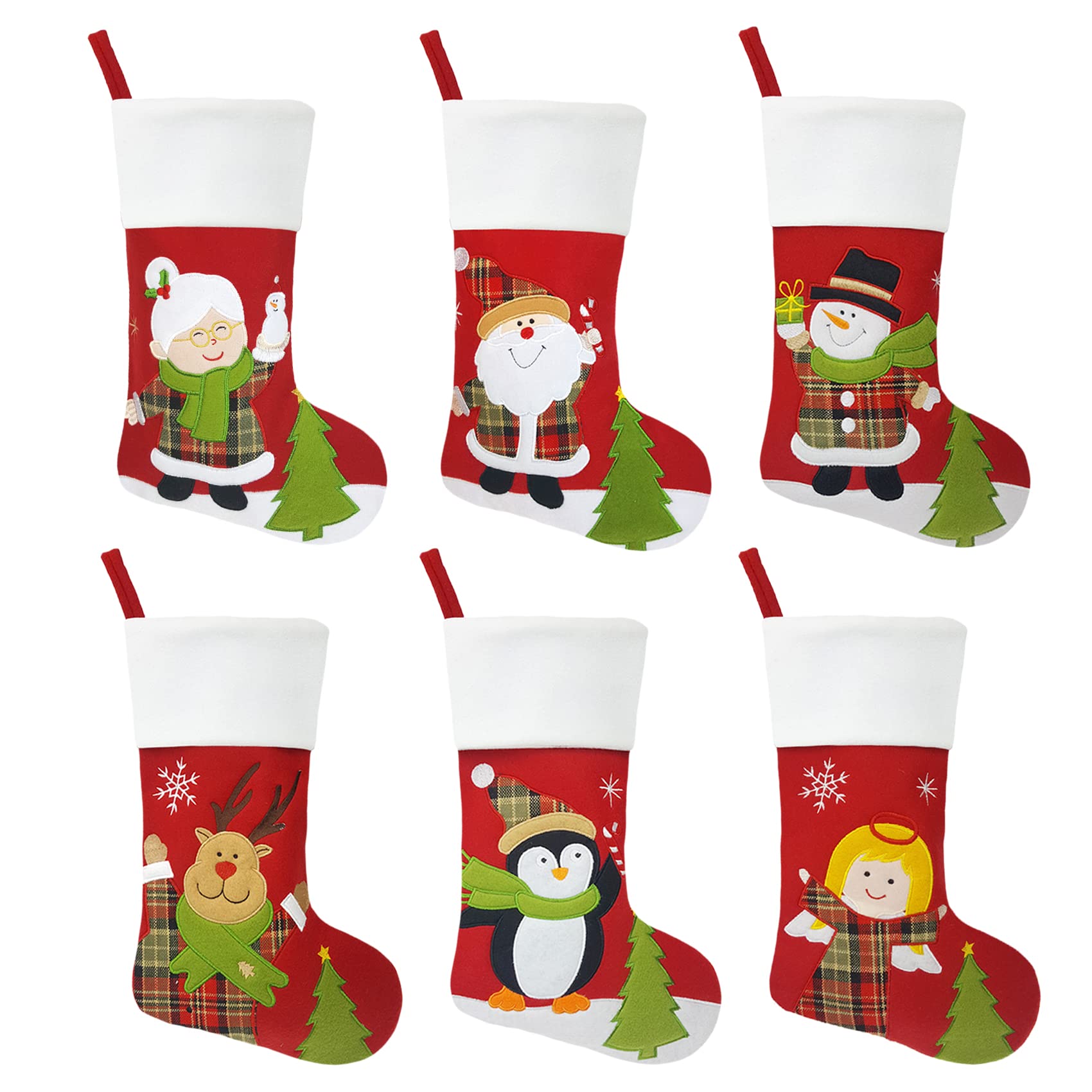 Set of 6 Personalized Christmas Stockings - 18 Inch Fleece Stockings with Embroidered Names (Santa, Mrs. Claus, Snowman, Deer, Penguin, Angel) for Family Holiday Decor - Perfect for Fireplace Mantel, Gift Giving & Festive Home Decoration