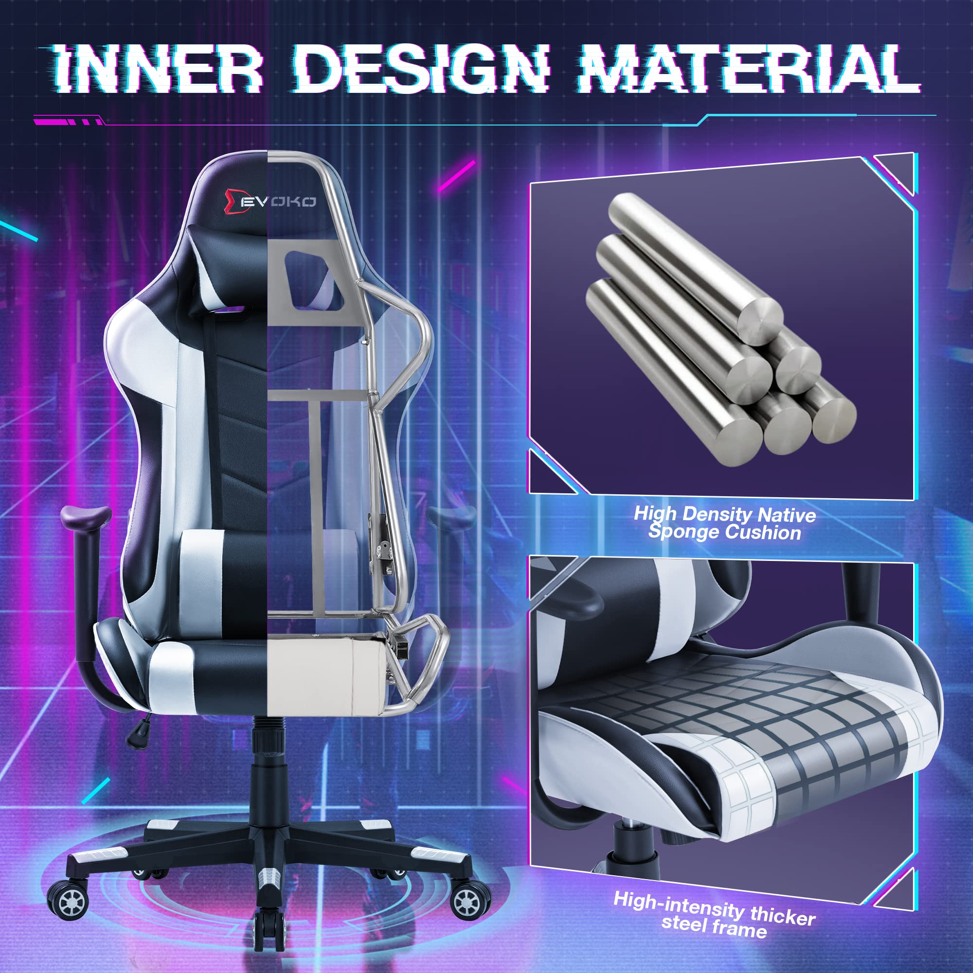 Devoko Ergonomic Gaming Chair - Racing Style Adjustable Height Office Chair with High Back, Headrest & Lumbar Support - Perfect for PC Gaming, Home Office & Executive Workspaces (White)